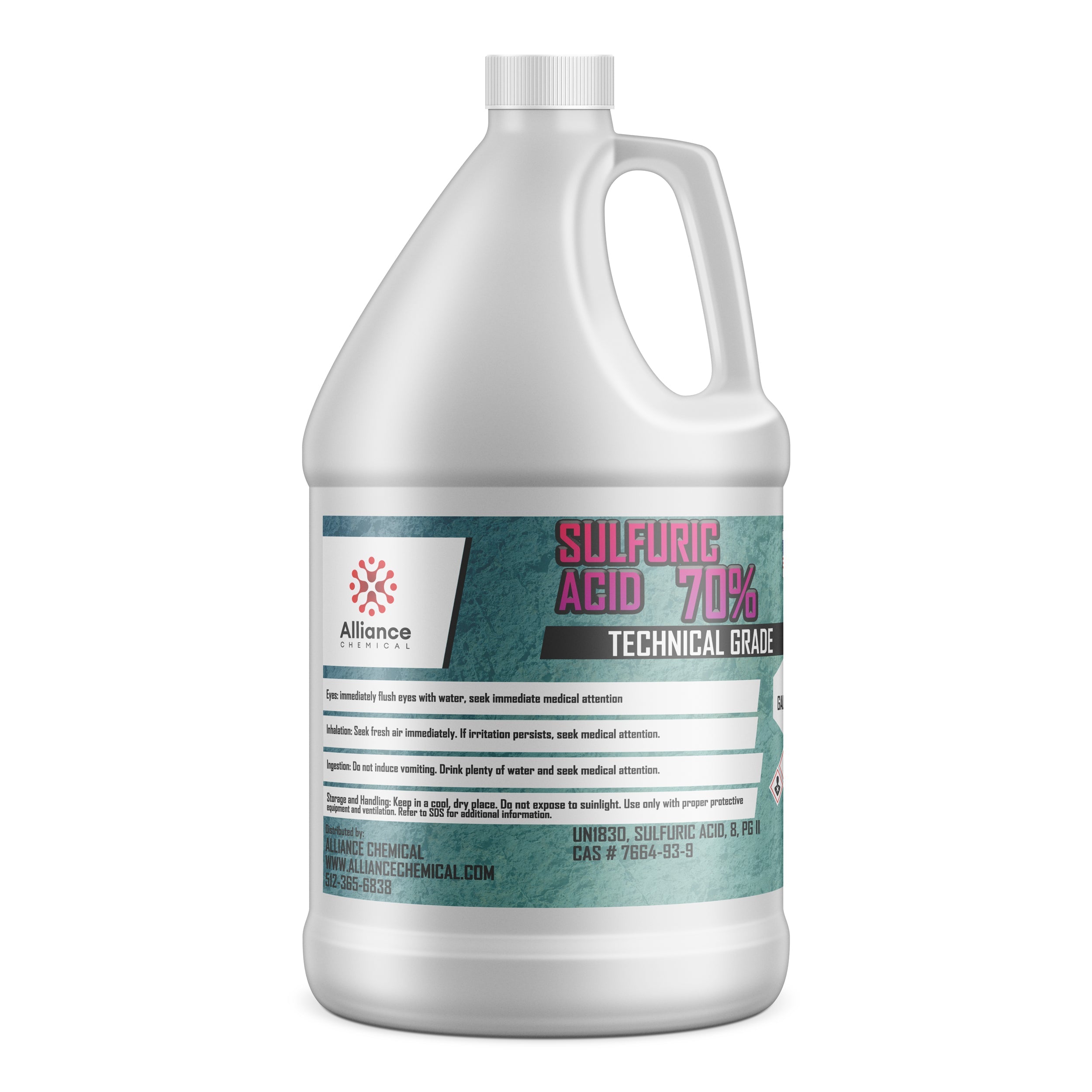 One-gallon white HDPE container of 70% Technical Grade Sulfuric Acid by Alliance Chemical, featuring safety warnings and UN1830 hazard identification.
