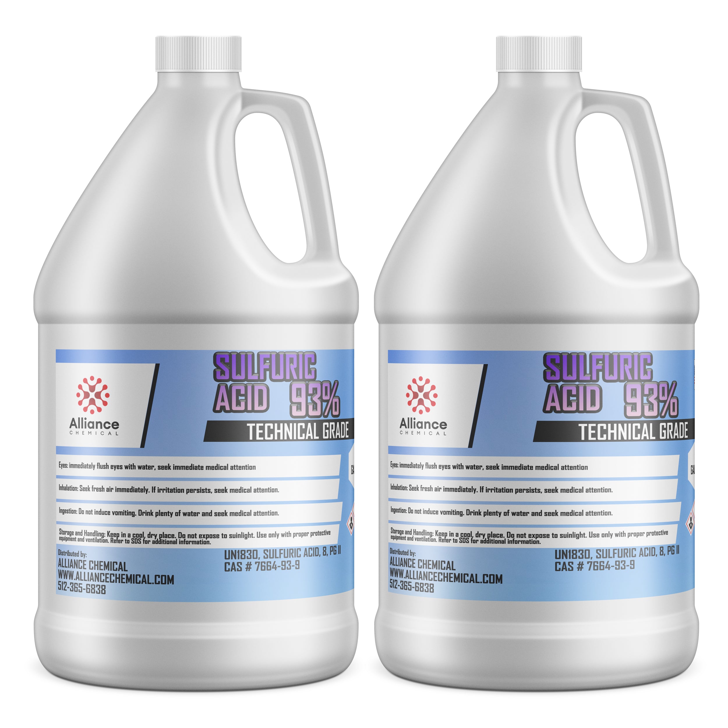 2-gallon HDPE jugs of 93% Technical Grade Sulfuric Acid by Alliance Chemical, with safety warnings, CAS #7664-93-9, in white containers with blue labels.