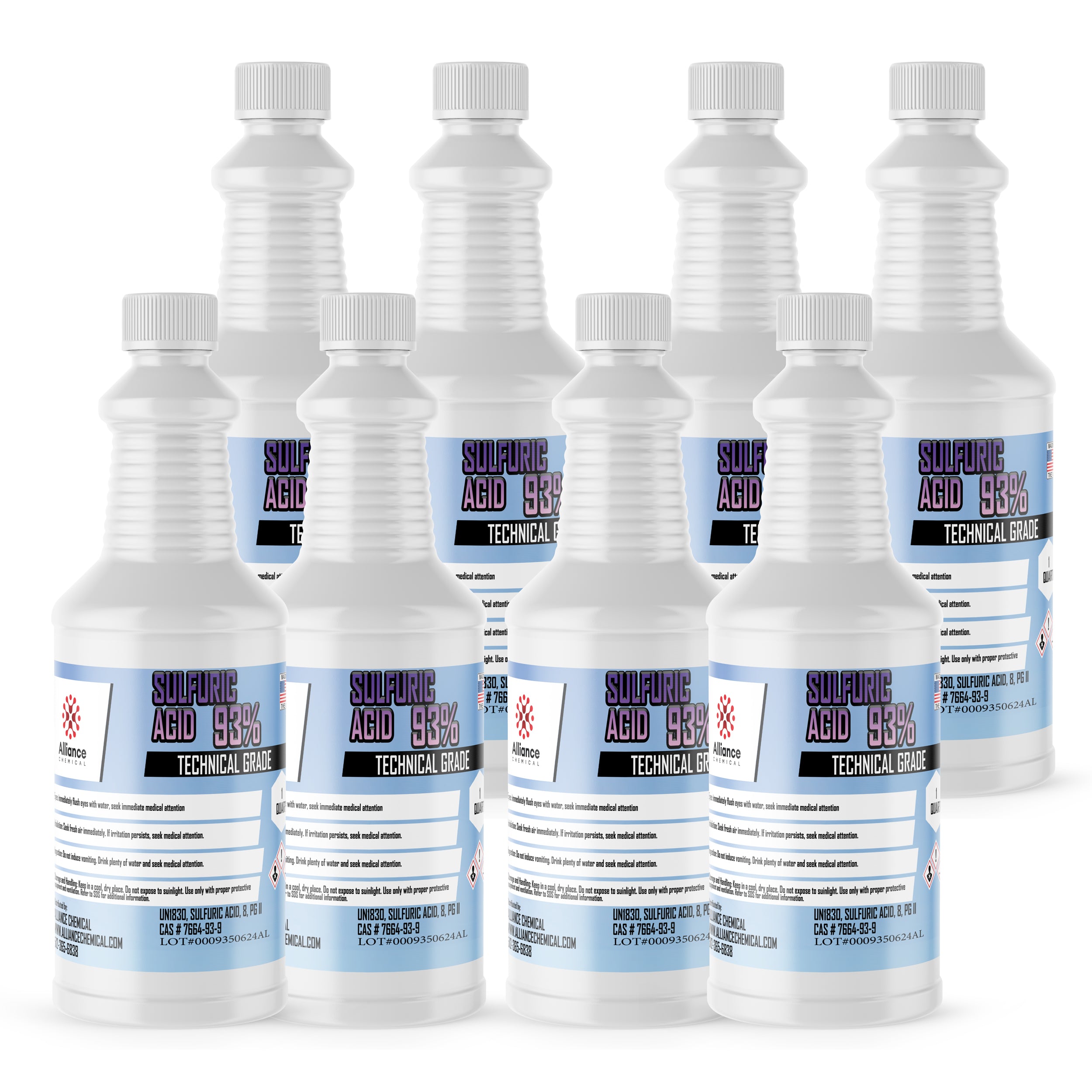 8x1 quart bottles of 93% Technical Grade Sulfuric Acid in ribbed HDPE containers with child-resistant caps and hazard warning symbols.