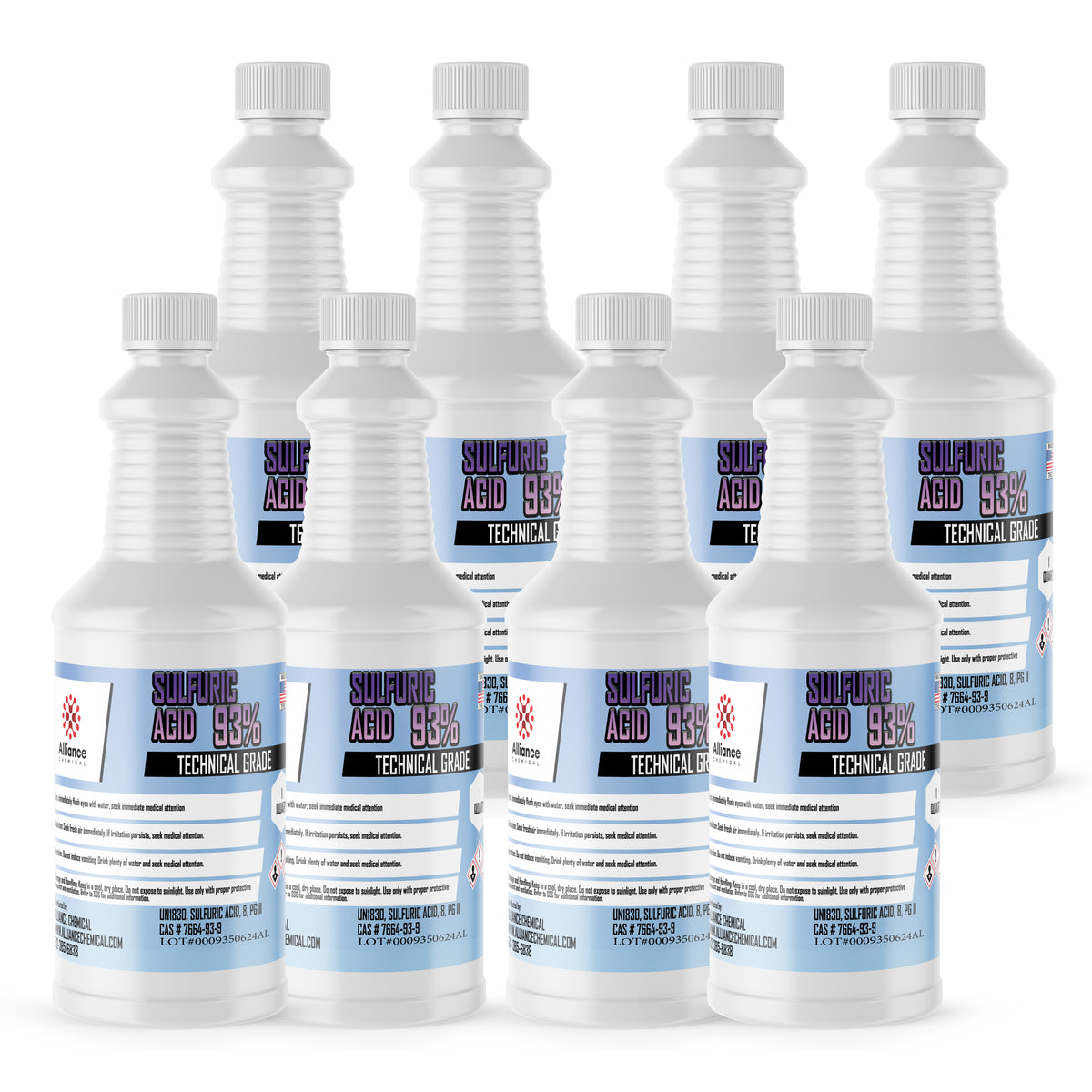 Seven 1-quart plastic bottles of Alliance Chemical Sulfuric Acid 93% Technical Grade with white screw caps and labels.