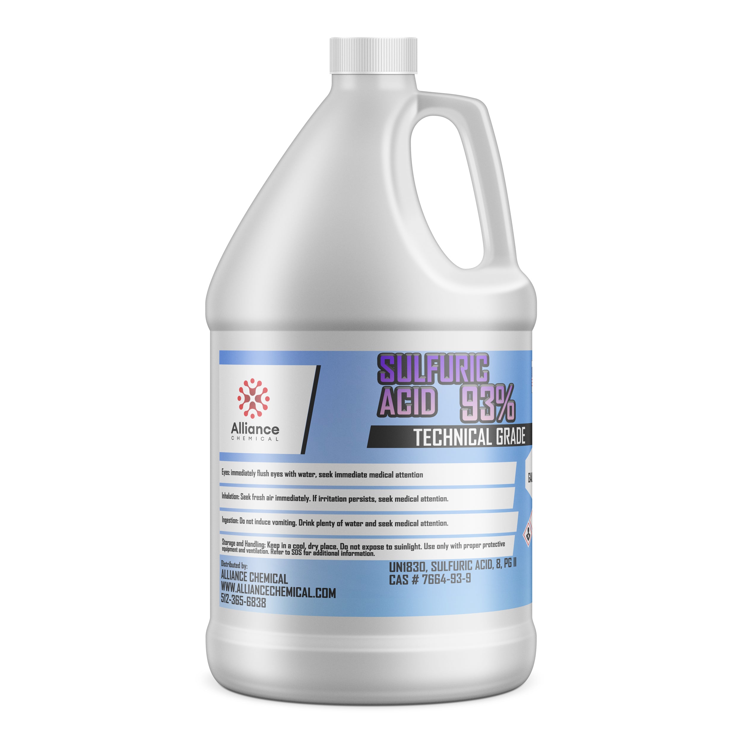 1-gallon HDPE container of 93% Technical Grade Sulfuric Acid by Alliance Chemical, featuring safety warnings and chemical handling instructions on blue label.