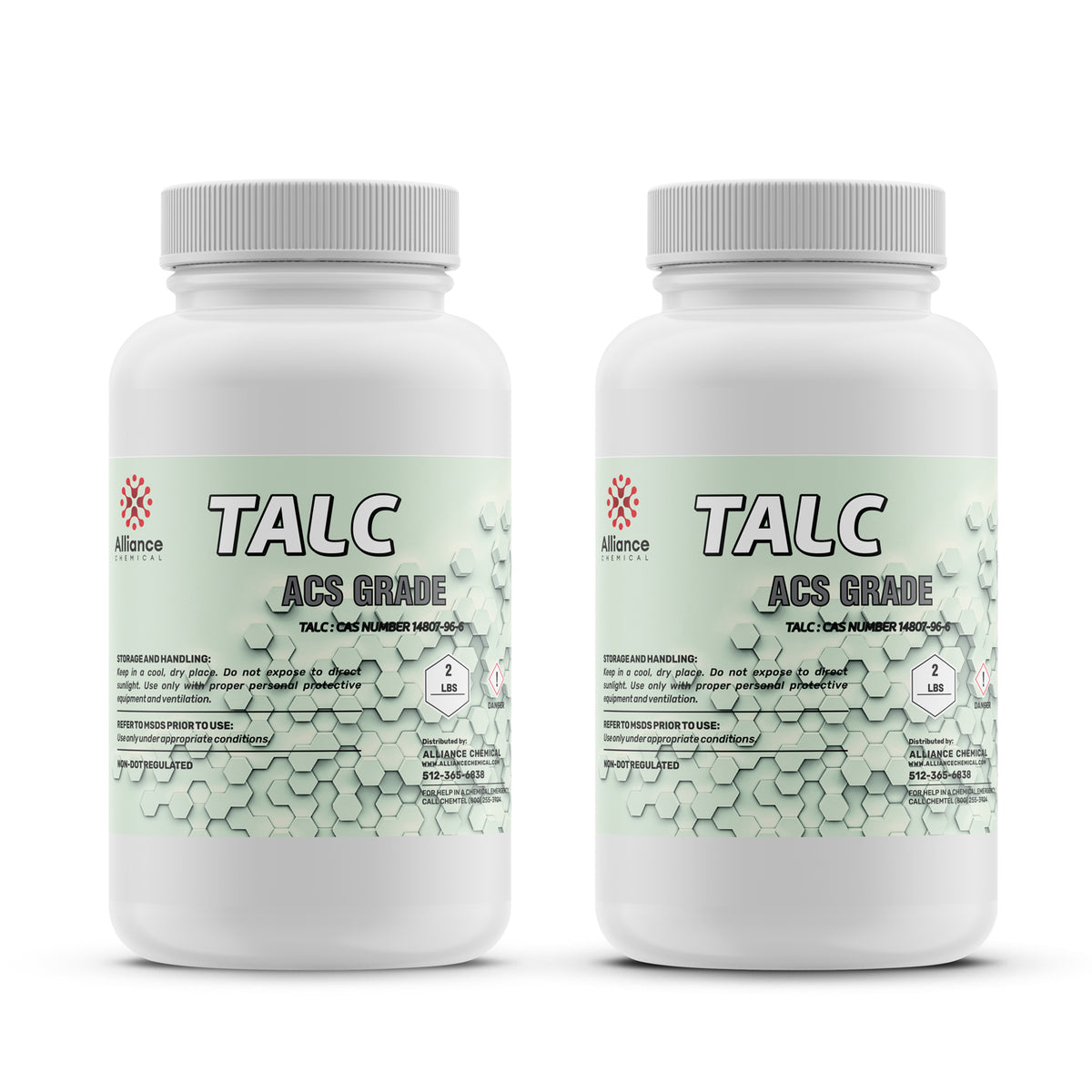 2-lb ACS Grade Talc powder in HDPE bottles with Alliance Chemical branding, hexagonal molecular pattern, storage instructions
