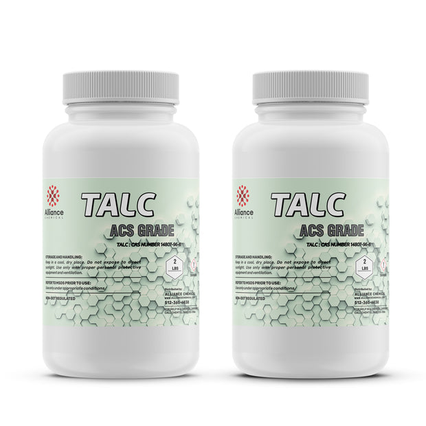 2-lb ACS Grade Talc powder in HDPE bottles with Alliance Chemical branding, hexagonal molecular pattern, storage instructions