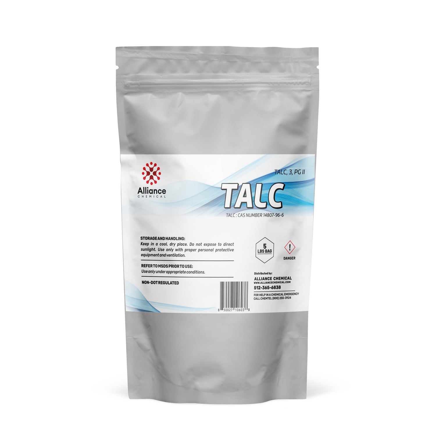 5lb Industrial Talc Powder in resealable silver pouch, CAS 14807-96-6, with danger symbol and lab safety markings, Alliance Chemical branded.