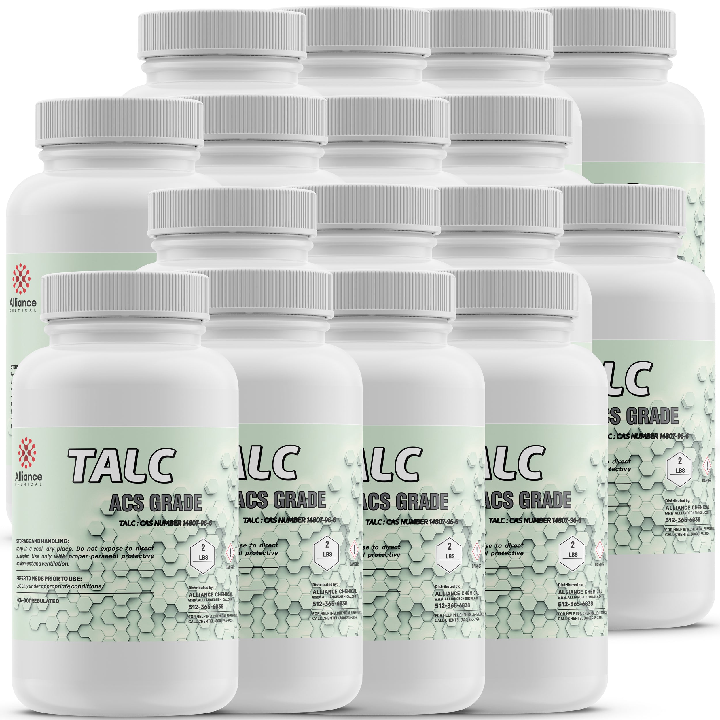 2-lb ACS-grade talc powder in white HDPE bottles with ribbed caps, 36-pack bundle, Alliance Chemical, hexagonal safety labeling, CAS 14807-96-6.