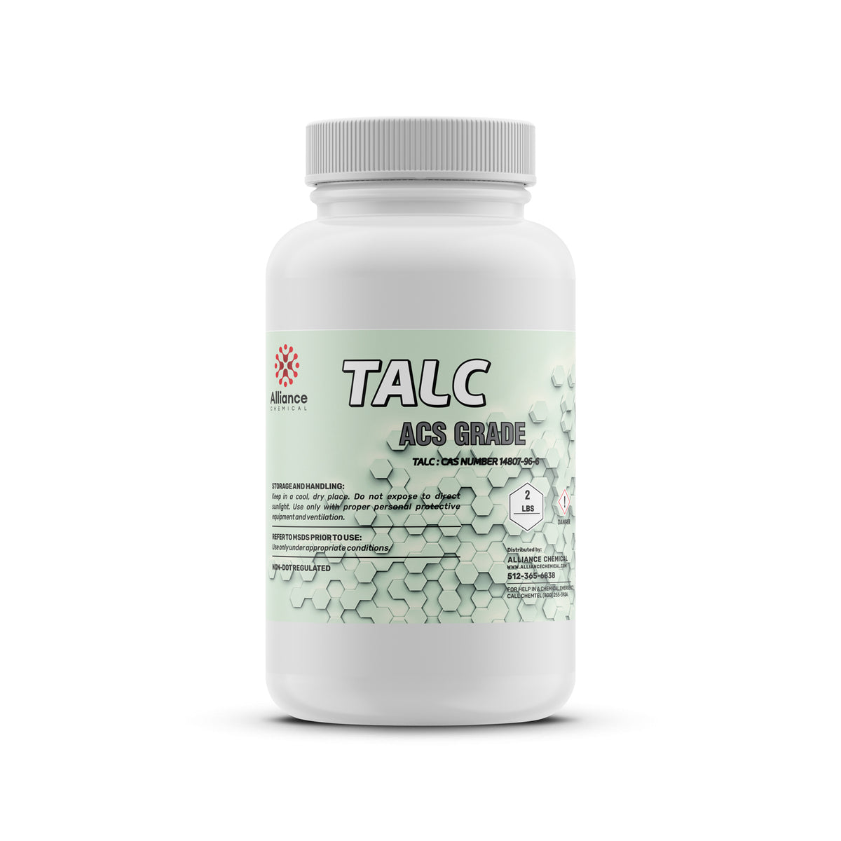 2-lb ACS-grade talc powder in HDPE bottle with safety handling instructions, hexagonal molecular pattern, Alliance Chemical