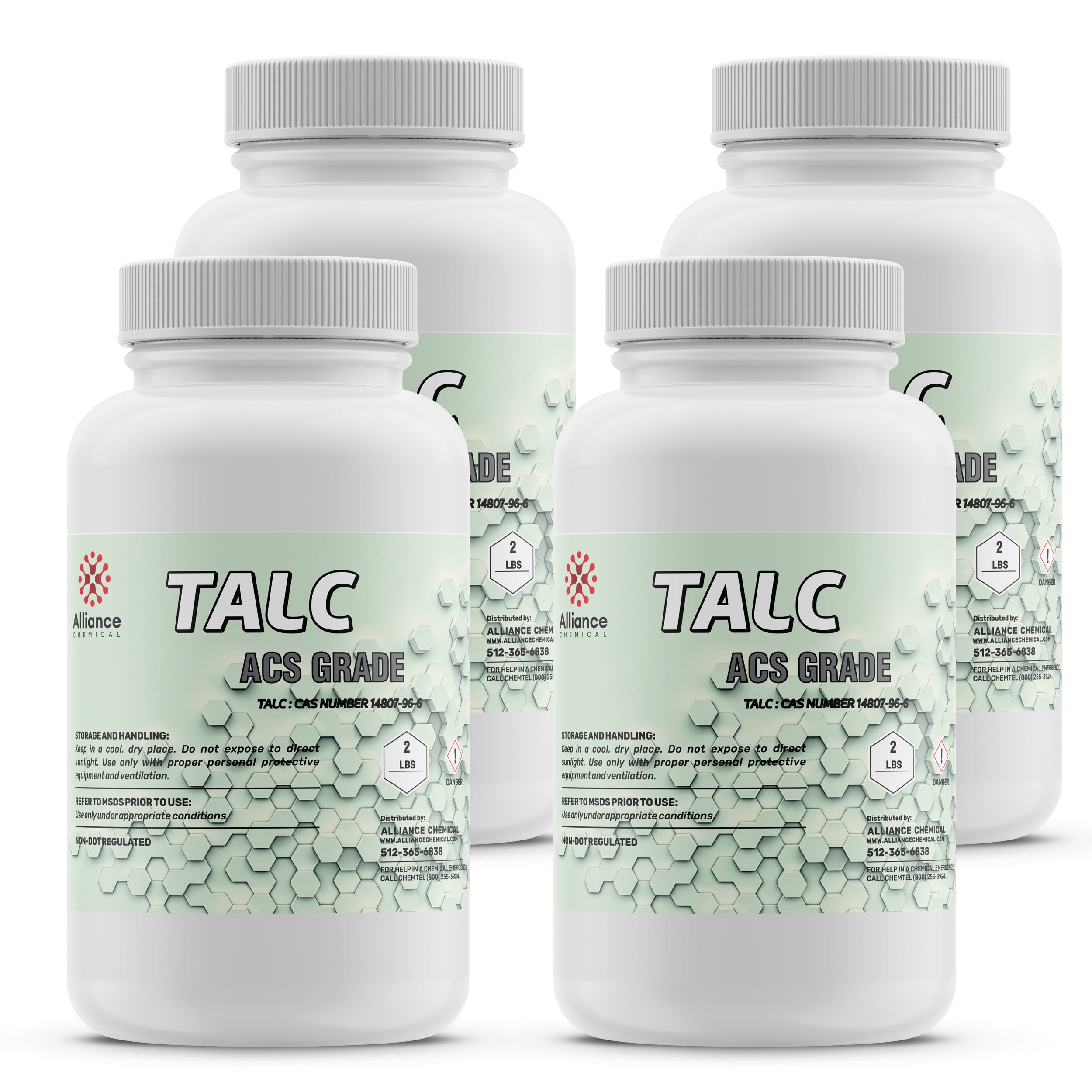 2-lb bottles of ACS-grade talc powder in white HDPE containers with safety handling instructions, hexagonal molecular pattern, Alliance Chemical branding.