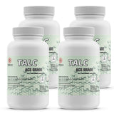 2-lb bottles of ACS-grade talc powder in HDPE containers with safety handling instructions, hexagonal molecular pattern