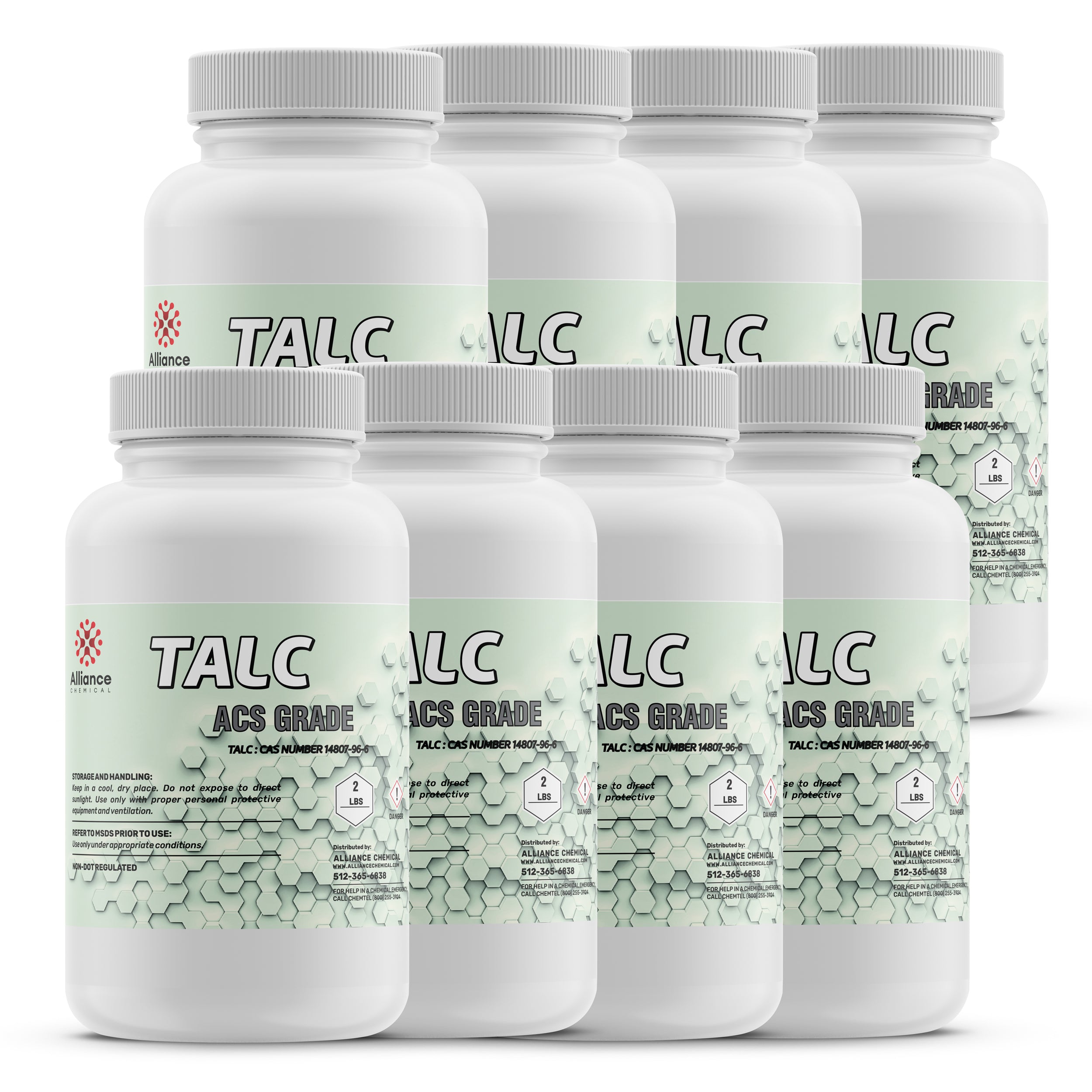 2-lb bottles of ACS-grade talc powder in white HDPE containers with green labels, CAS number 14807-96-6, 8-pack configuration.