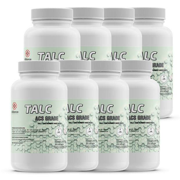 Seven Alliance Chemical Talc Powder ACS Grade bottles with white screw cap closures and product labels.