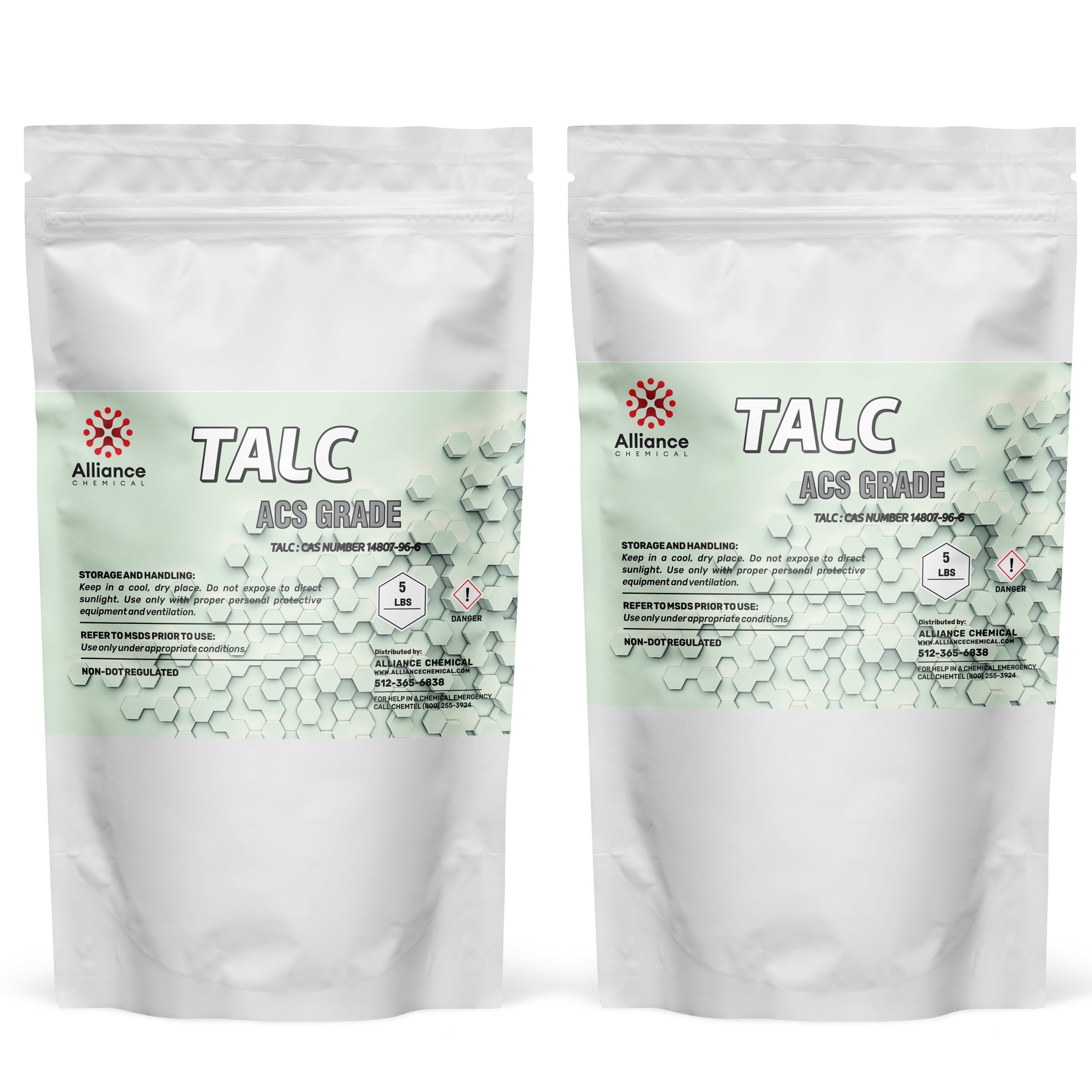 5 lb bags of ACS-grade talc powder in resealable white pouches, featuring Alliance Chemical branding, danger symbol, and hexagonal design element.