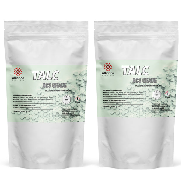 Two 5-lbs Alliance Chemical Talc Powder ACS Grade in white plastic bags with labels and a zip closures.