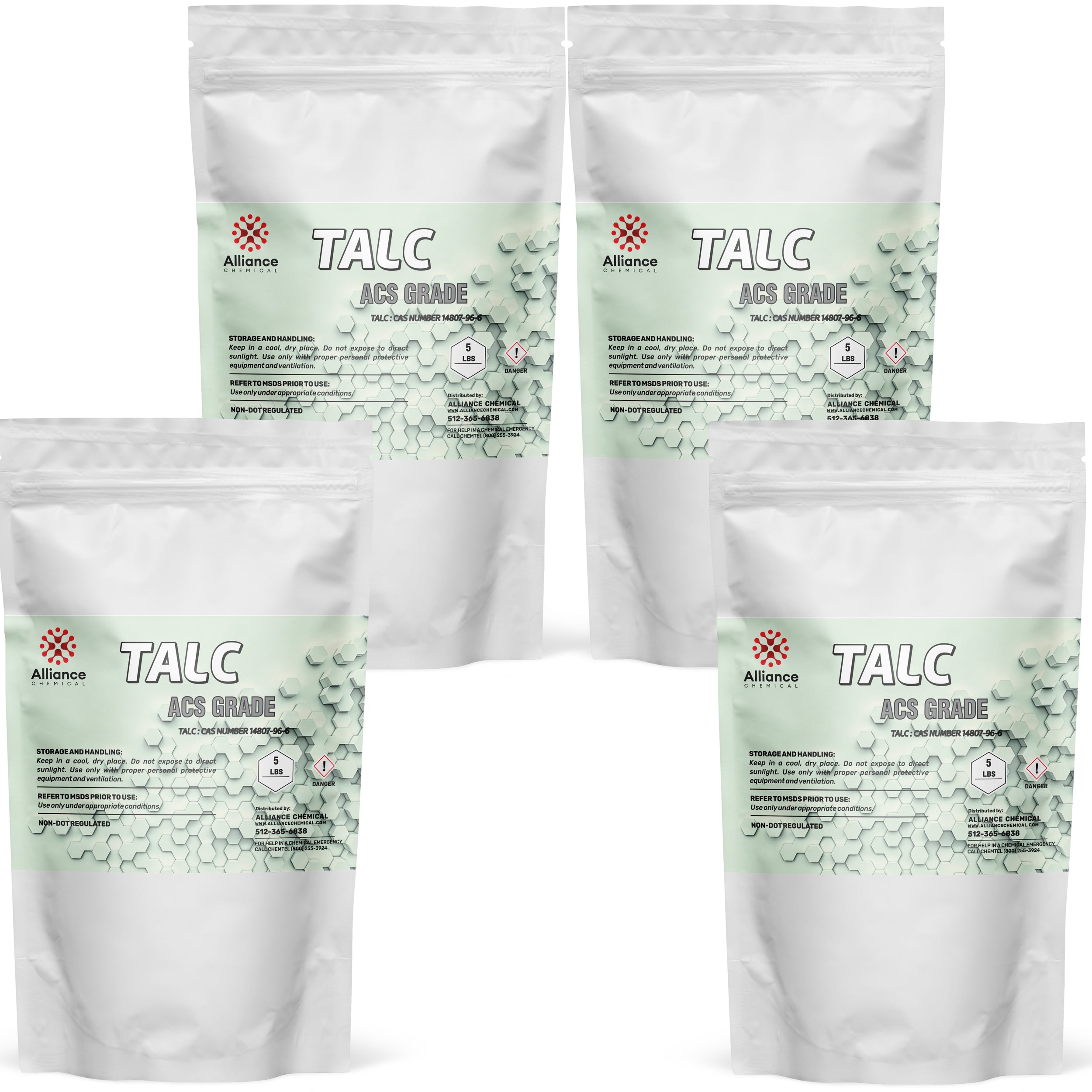 5 lb bags of ACS-grade talc powder in white resealable pouches with green labels, hazard symbol 1, Alliance Chemical branding, 4-pack.