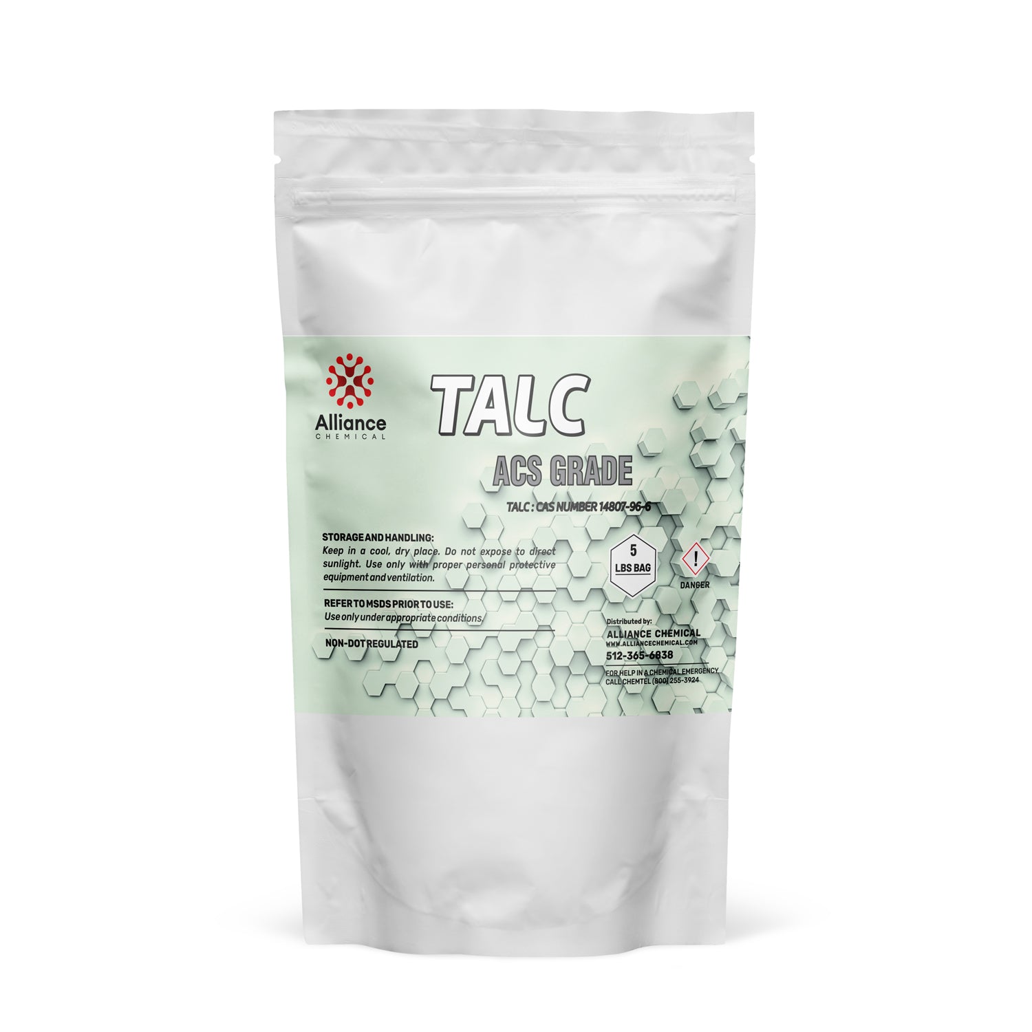5 LBS ACS-grade talc powder in resealable white pouch with mint-green label, danger symbol, CAS 14807-95-6, Alliance Chemical branding.