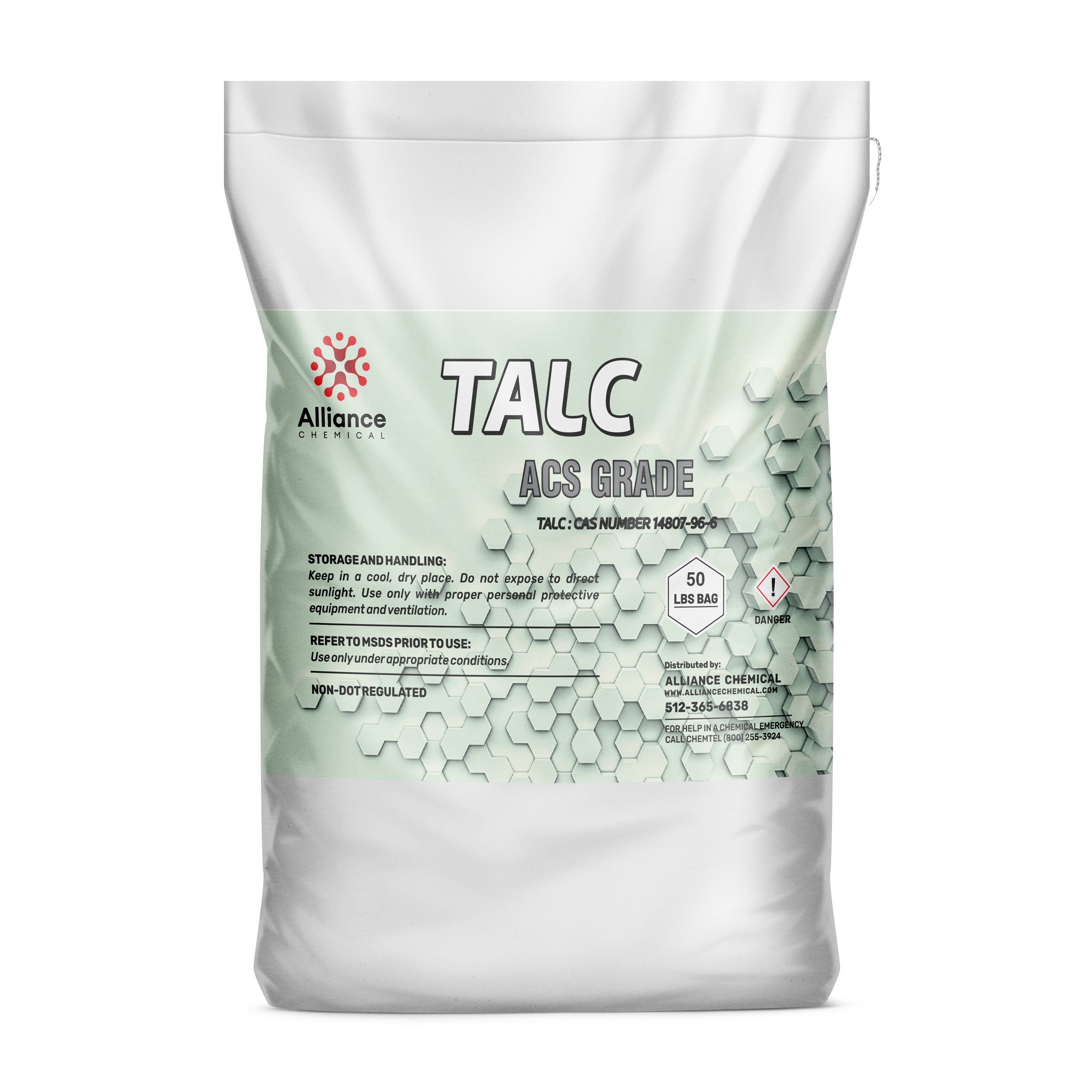 50 lb bag of ACS-grade Talc powder by Alliance Chemical, featuring hexagonal design, CAS #14807-96-6, danger symbol, and storage instructions.