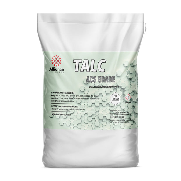 One 50-lbs bag of Alliance Chemical Talc Powder ACS Grade with a white bag and product label.