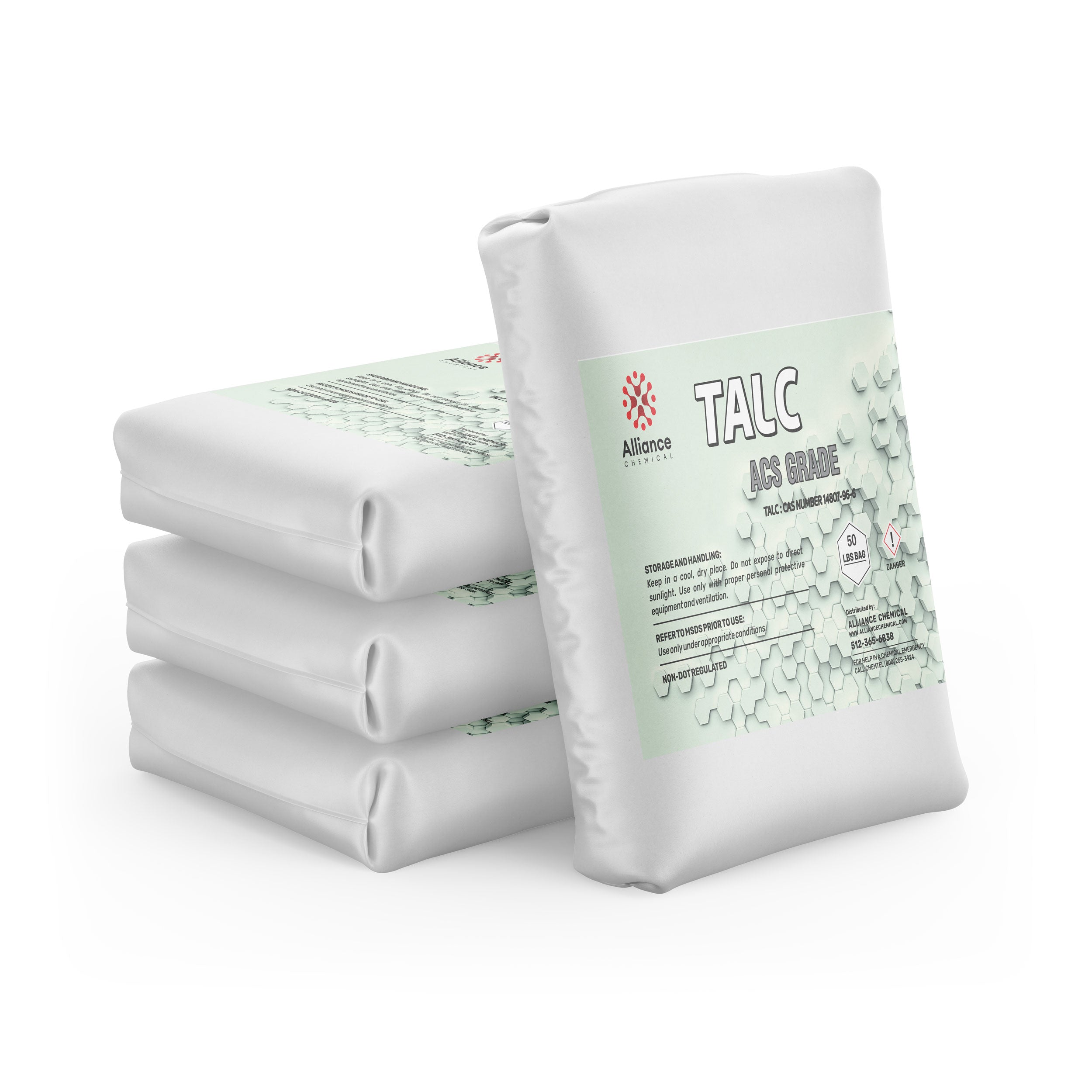 50lb bags of ACS-grade talc powder in white industrial packaging, Alliance Chemical brand, with hexagonal safety information design and storage handling instructions.