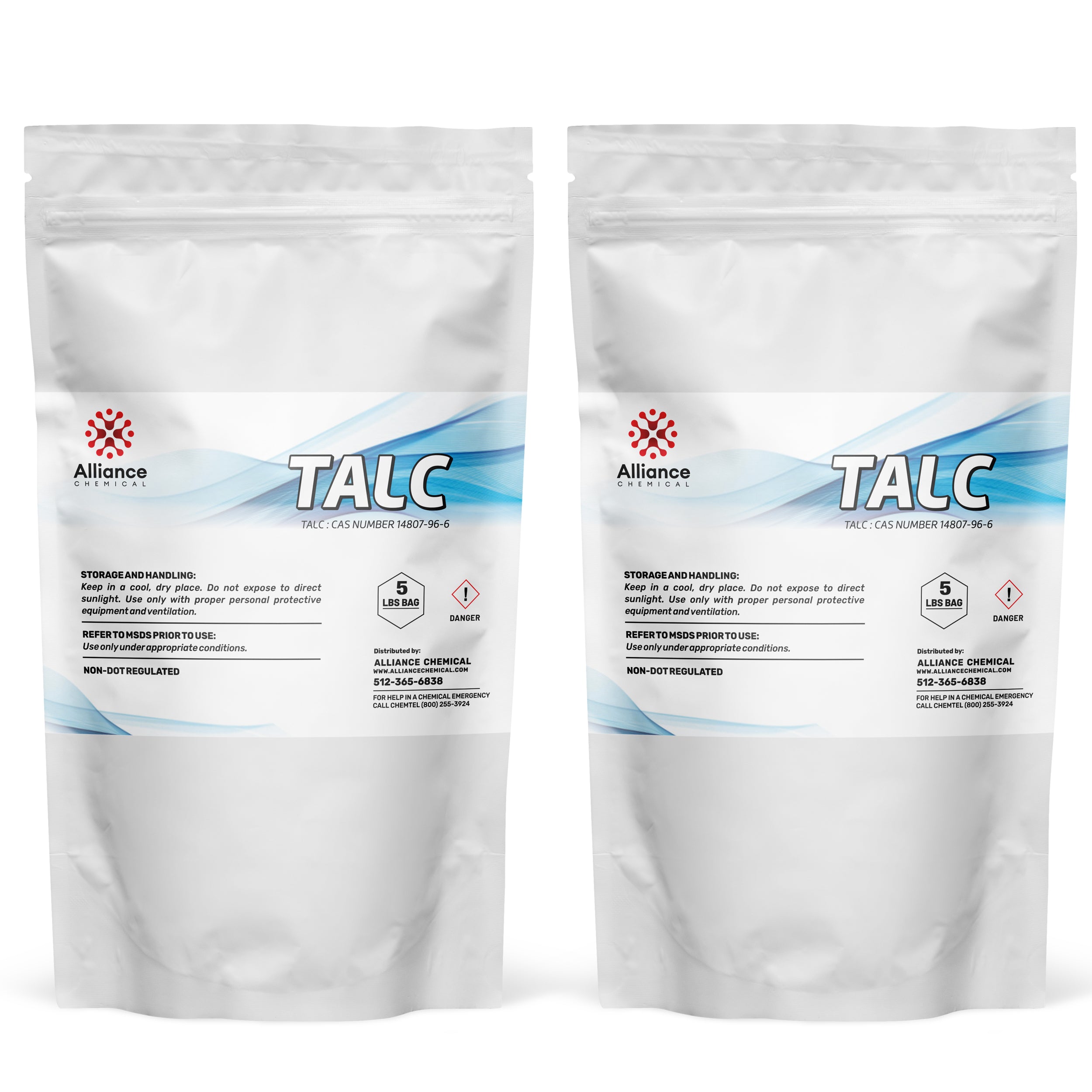 5 lb bags (2-pack) of industrial-grade talc powder (CAS 14807-96-6) in resealable white pouches, featuring danger symbol and Alliance Chemical branding.