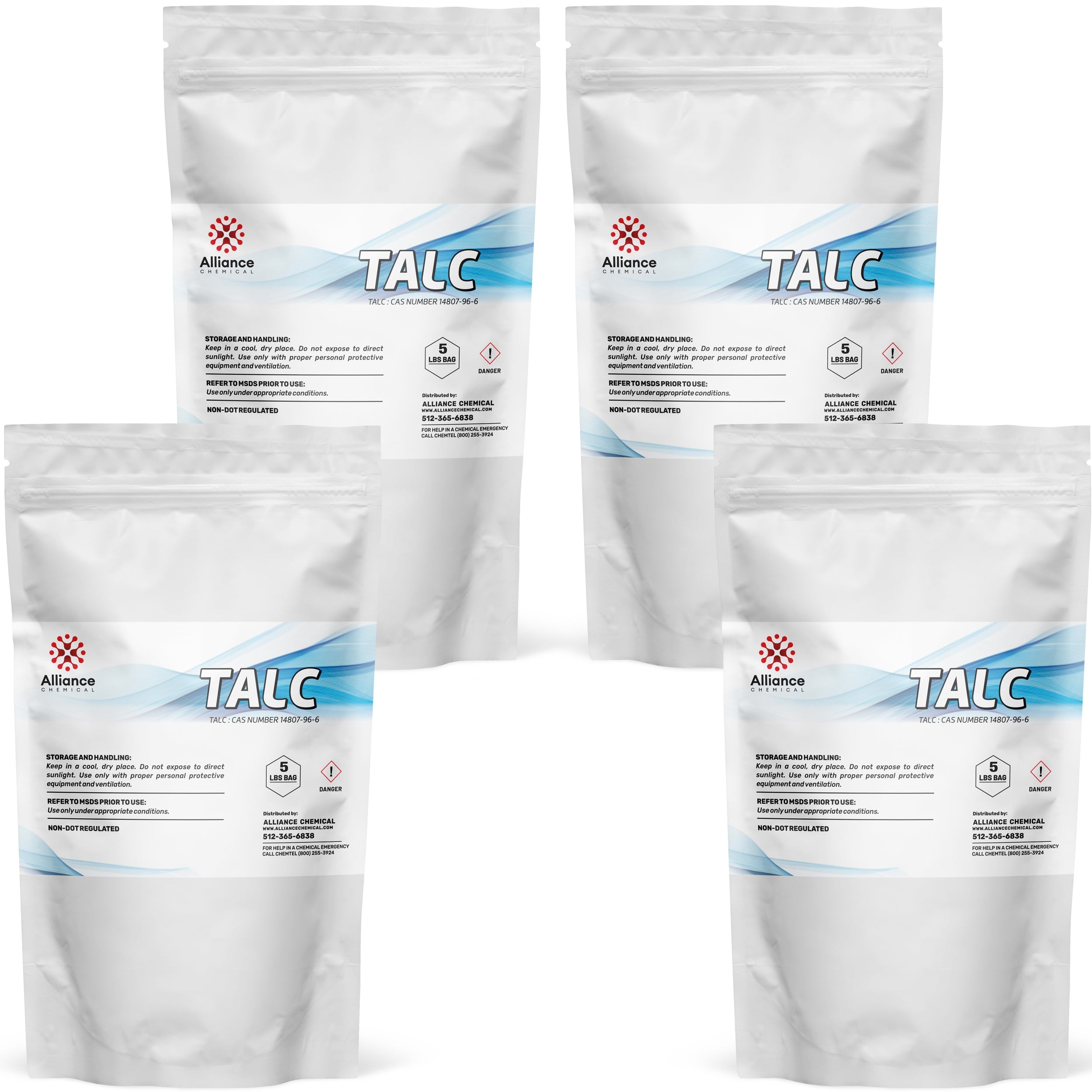 5 lb bags of industrial talc powder (4-pack) - Alliance Chemical, CAS 14807-96-6, with danger symbol and storage instructions on resealable white pouches.