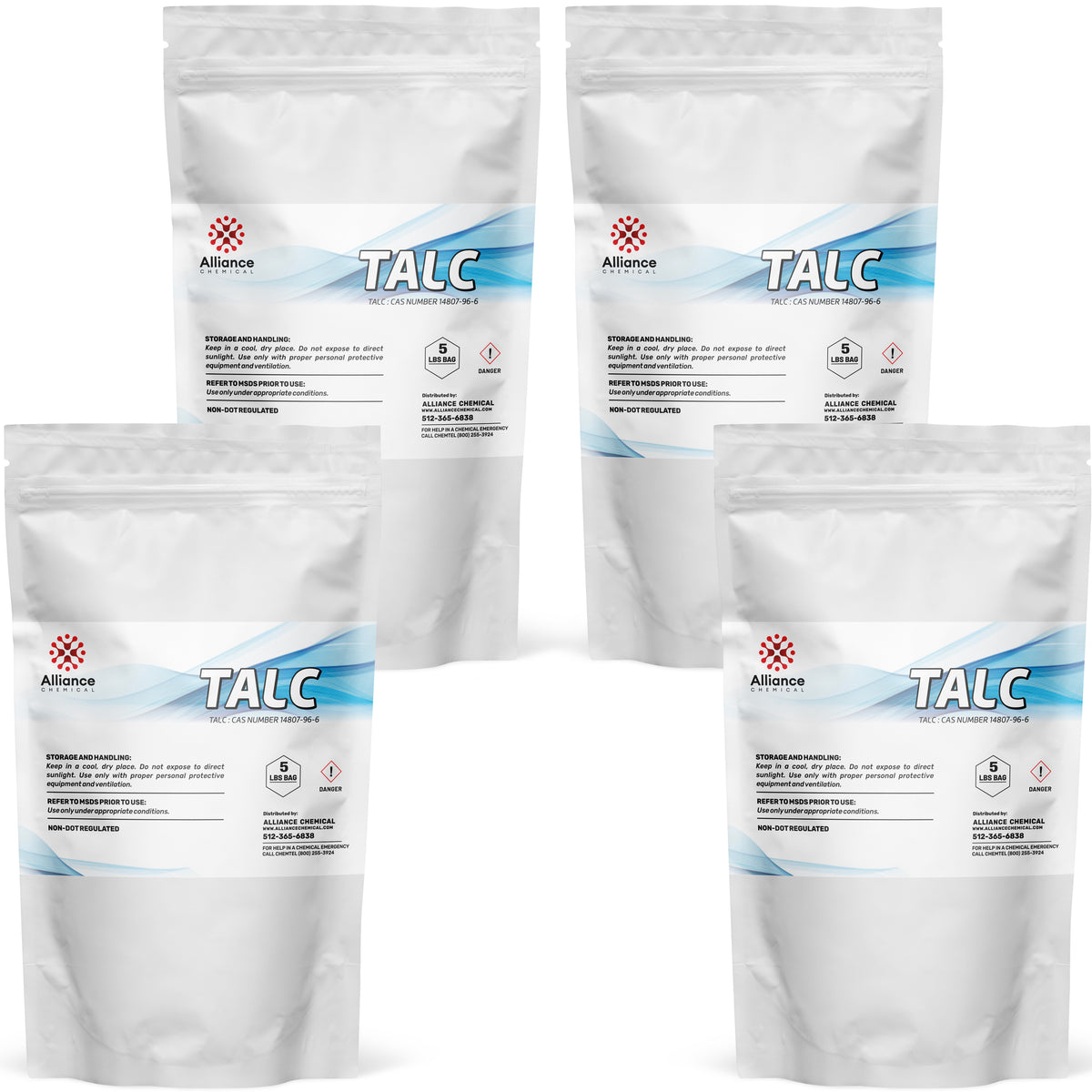 Four 5-lbs bags of Alliance Chemical Talc Powder - White Colored with sealed tops and printed labels.