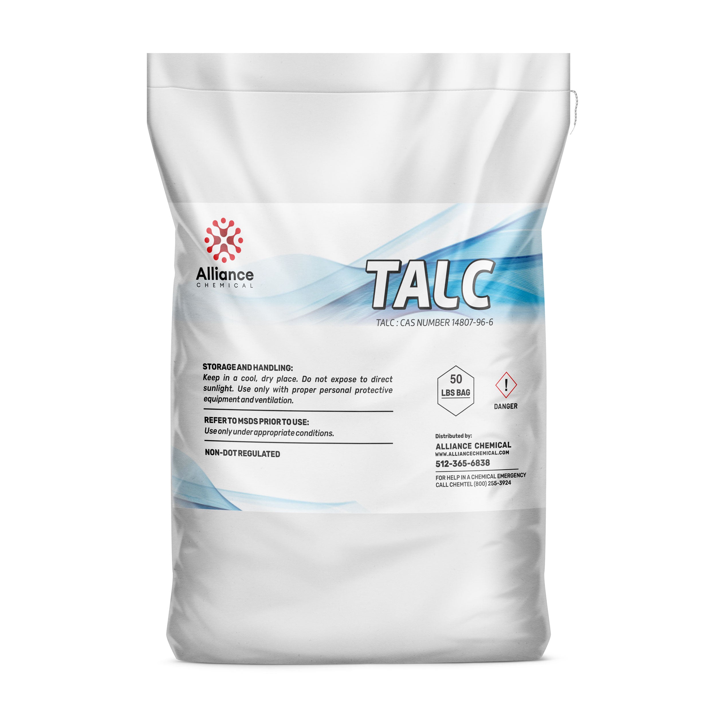 50lb bag of industrial talc powder (CAS 14807-96-6) in white packaging with danger symbol, Alliance Chemical branding, and safety handling instructions.