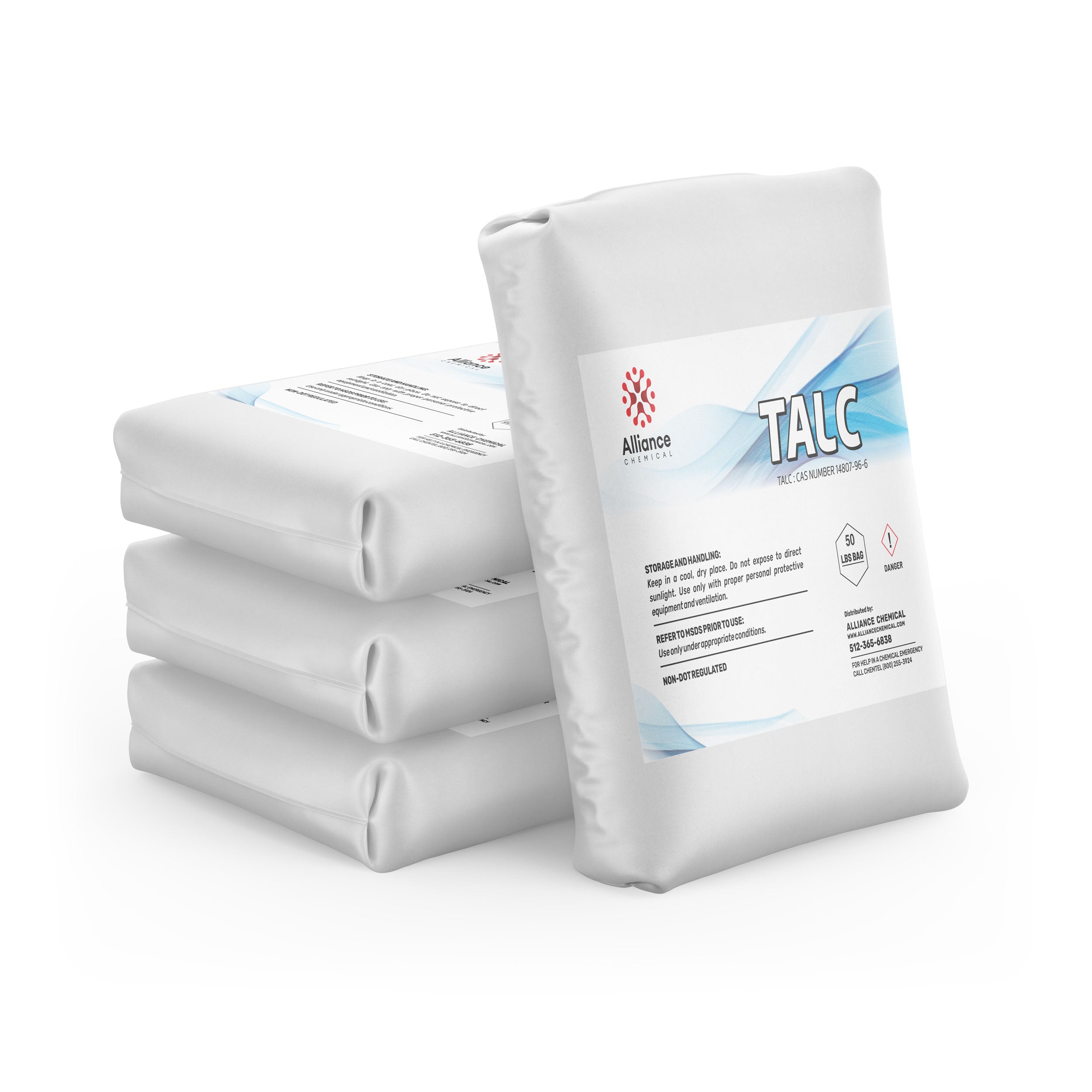 50lb bags of Alliance Chemical industrial talc powder in white kraft paper packaging, stacked, with hazard symbol 1, storage instructions, and blue product labeling.