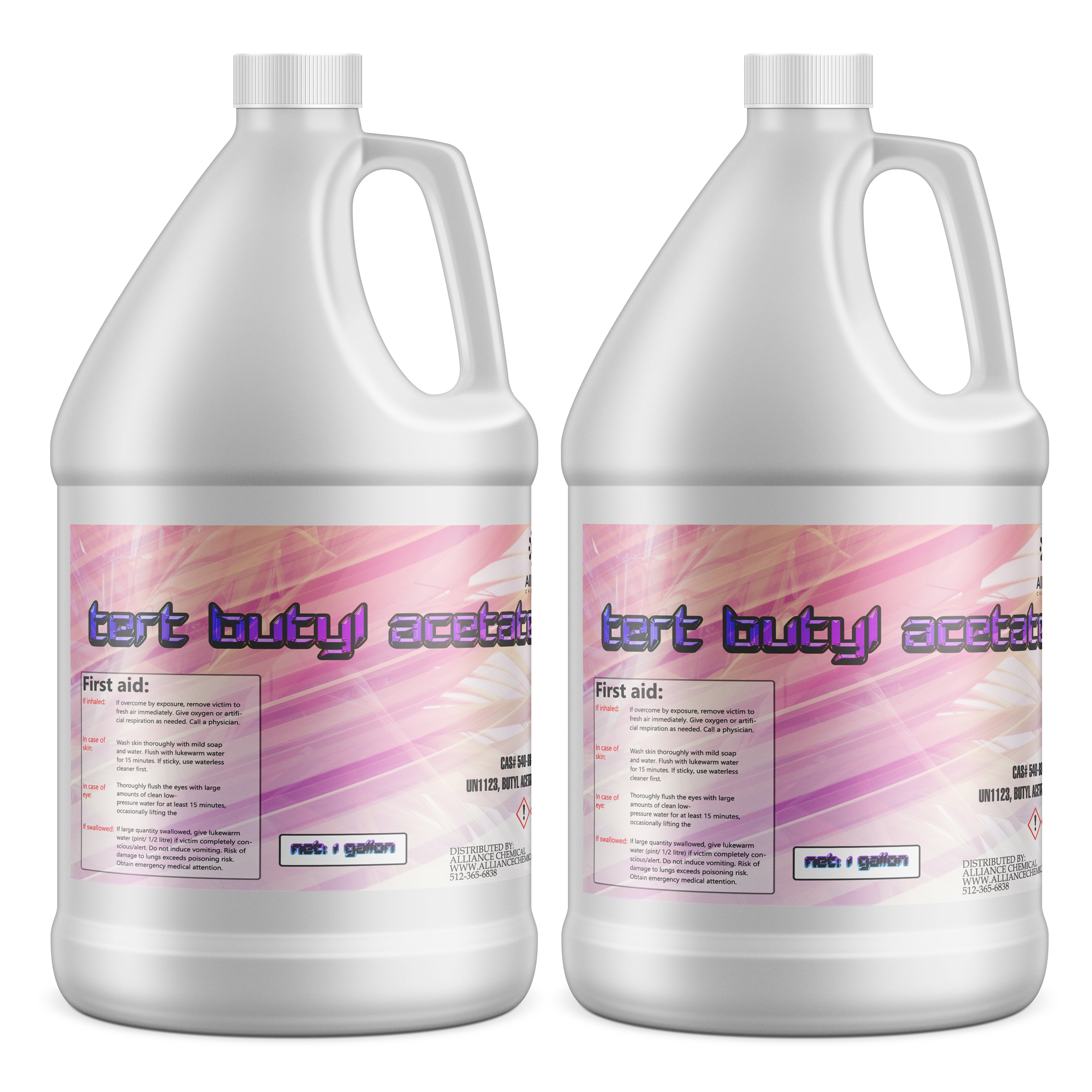 2-gallon HDPE jugs of tert-butyl acetate (TBA) solvent with first aid instructions, pink gradient label design, and hazardous material warning symbol.