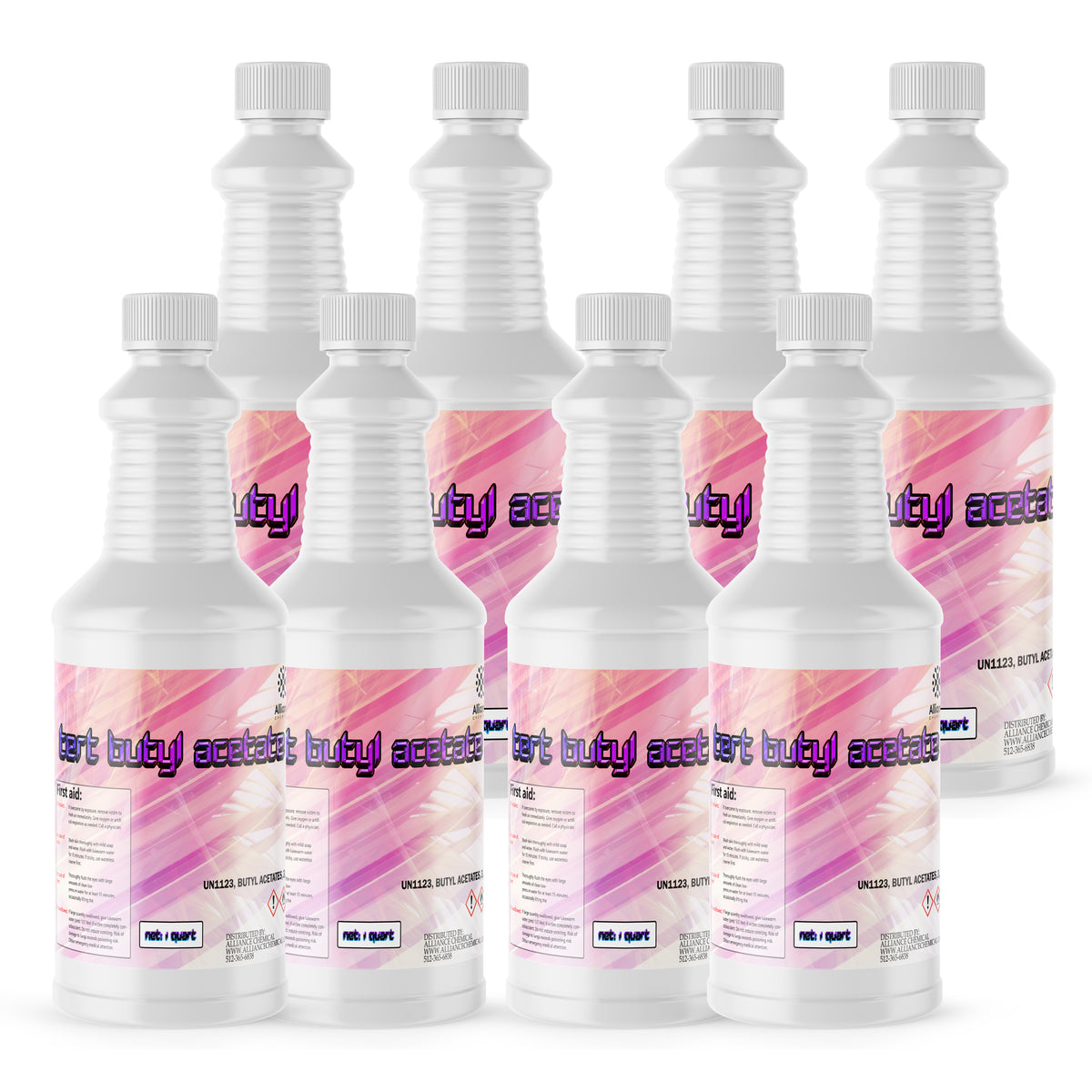 Eight 1-quart plastic bottles of Alliance Chemical Tert Butyl Acetate with white ribbed screw caps and product label.