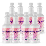 Eight 1-quart plastic bottles of Alliance Chemical Tert Butyl Acetate with white ribbed screw caps and product label.