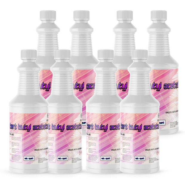 Eight 1-quart plastic bottles of Alliance Chemical Tert Butyl Acetate with white ribbed screw caps and product label.