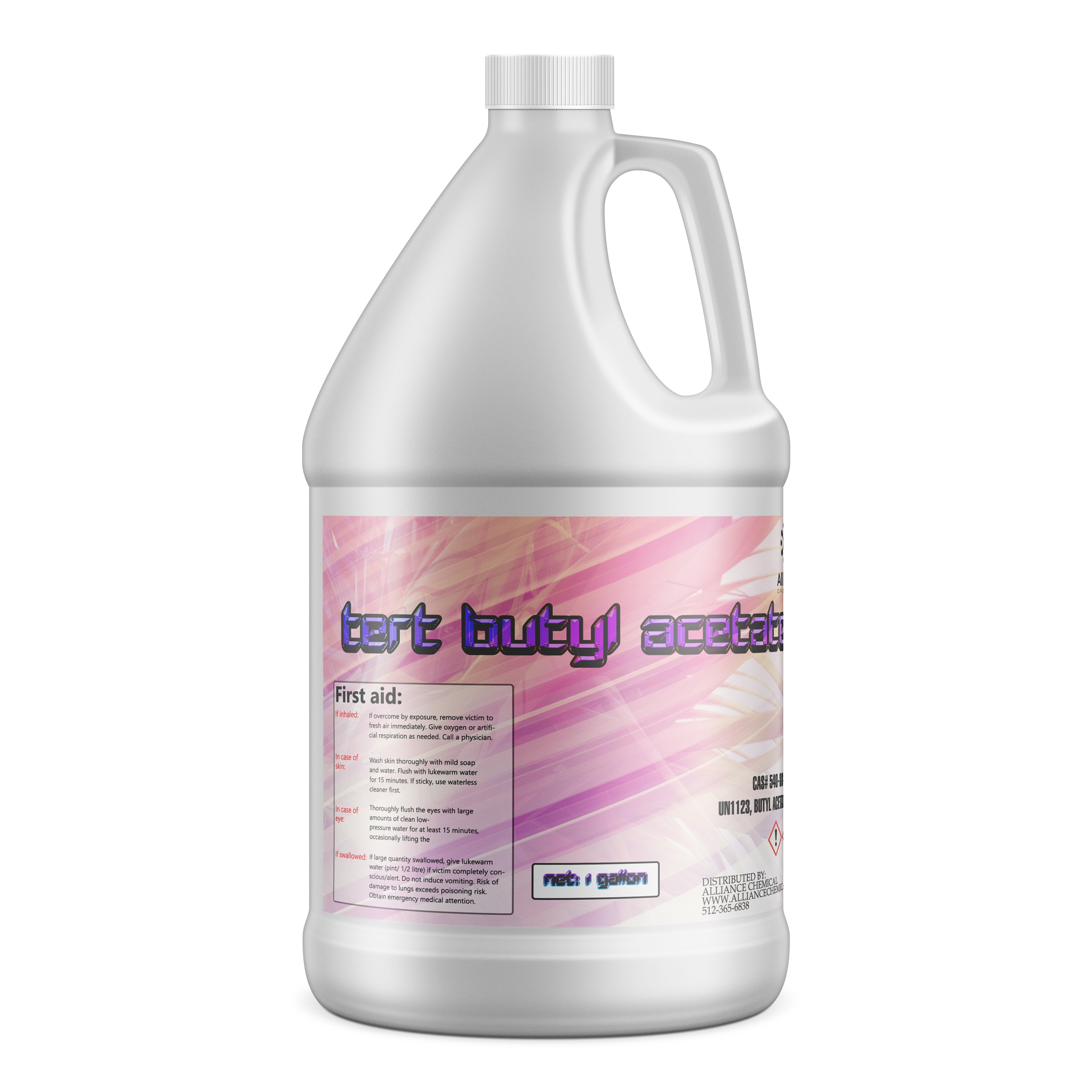 One-gallon HDPE jug of tert-butyl acetate (TBA) industrial solvent with first-aid instructions, pink gradient label, and chemical safety information.