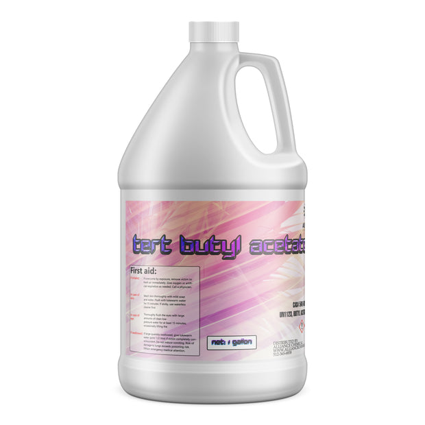 1-gallon HDPE jug of Alliance Chemical Tert Butyl Acetate with a white screw cap, handle, and product label