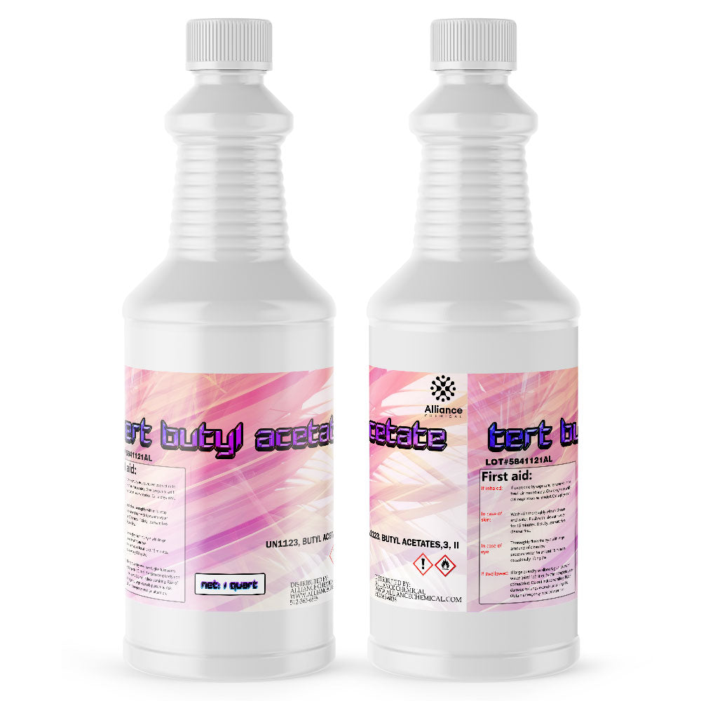 2-quart tert-butyl acetate (TBA) solvent in ribbed white HDPE bottles with Alliance Chemical branding, UN1123 hazmat symbols, first aid instructions.