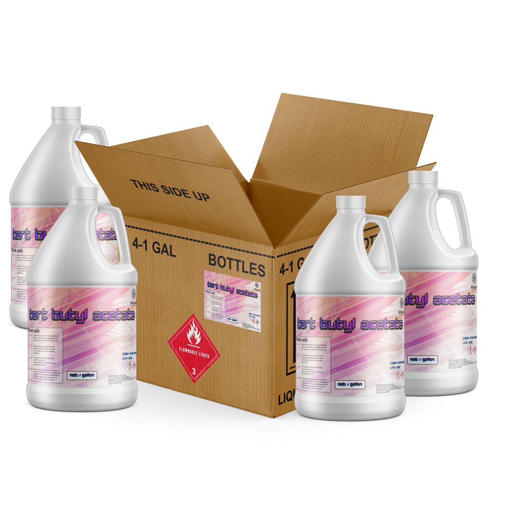 Four 1-gallon HDPE jugs of Alliance Chemical Tert Butyl Acetate with white screw caps, handles, and product labels, plus a...