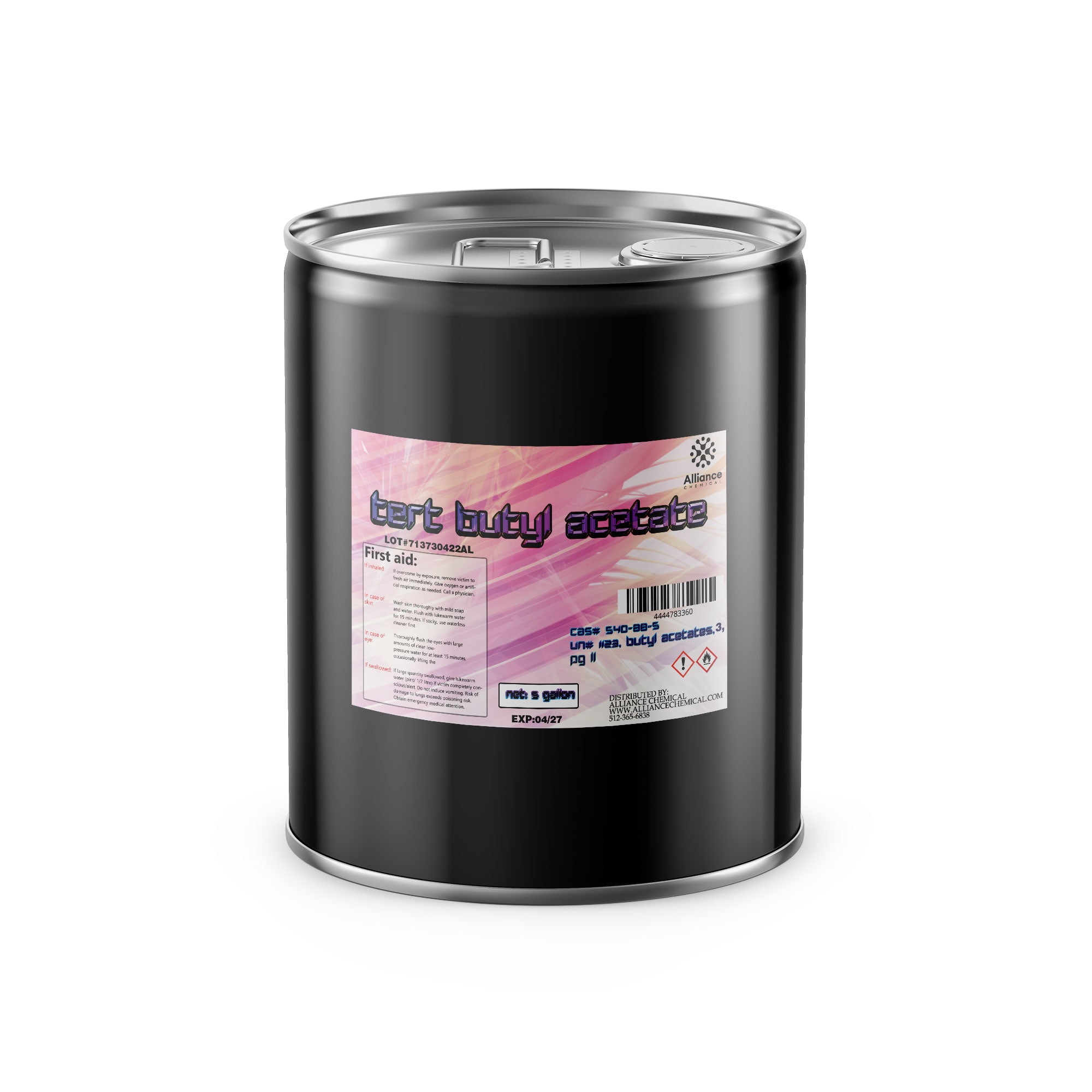 5-gallon black steel drum of tert-butyl acetate (TBA) industrial solvent with pink-labeled first aid information, hazard symbols, and Alliance Chemical branding.