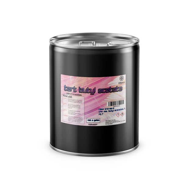 5-gallon black steel drum of tert-butyl acetate (TBA) industrial solvent hazard symbols, and Alliance Chemical branding