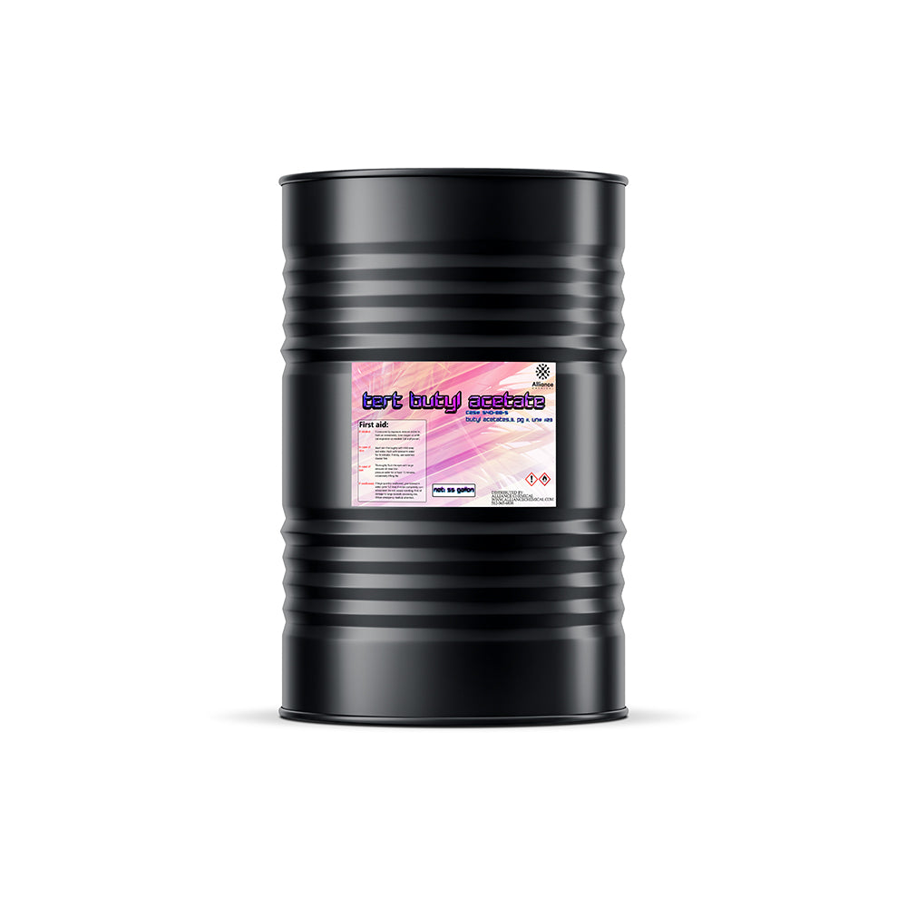 55-gallon black steel drum of tert-butyl acetate (TBA) industrial solvent with pink hazard label, sealed ribbed container for chemical storage.