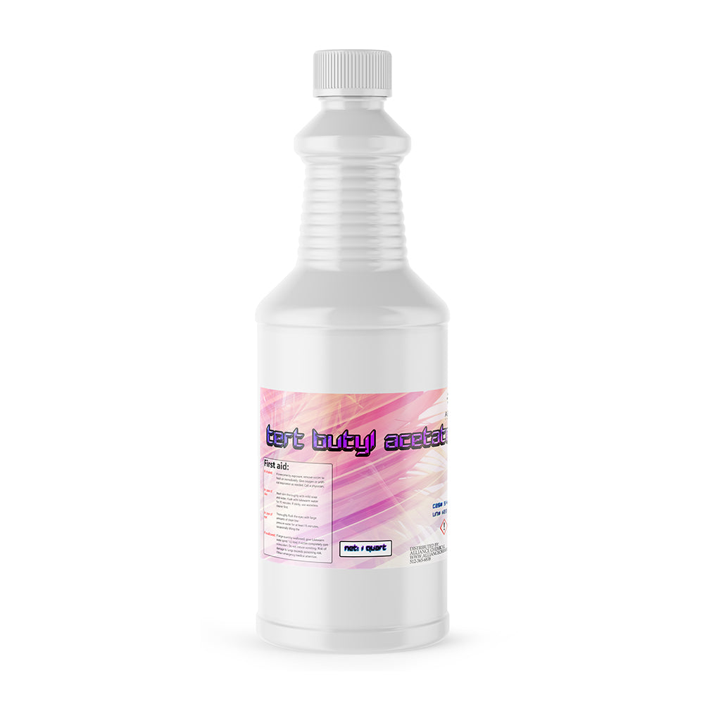 1-quart tert-butyl acetate (TBA) in white HDPE bottle with ribbed grip design, pink safety label, first aid information, industrial solvent.