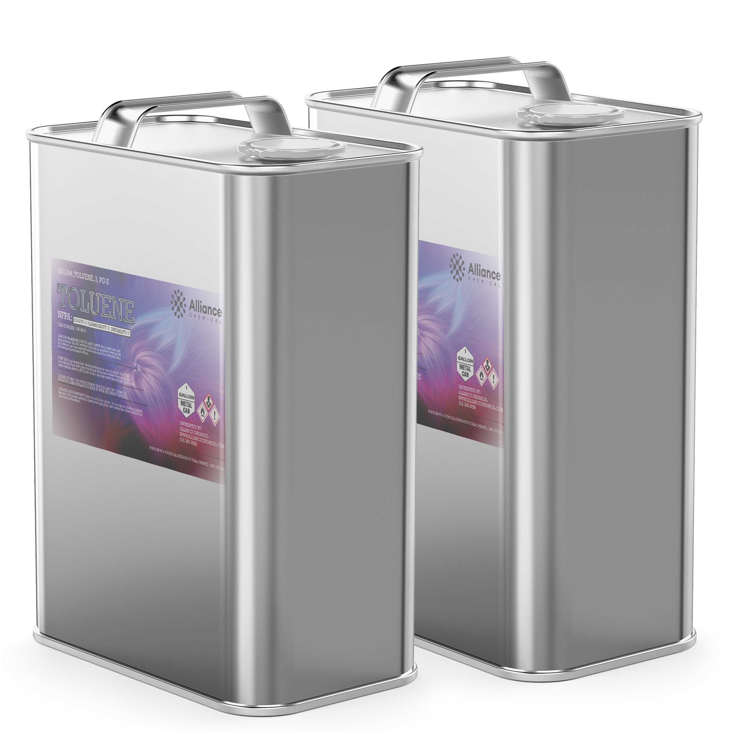 2-gallon steel canisters of industrial toluene solvent in silver finish with purple Alliance Chemical labels, NFPA hazard diamonds, and safety handles.