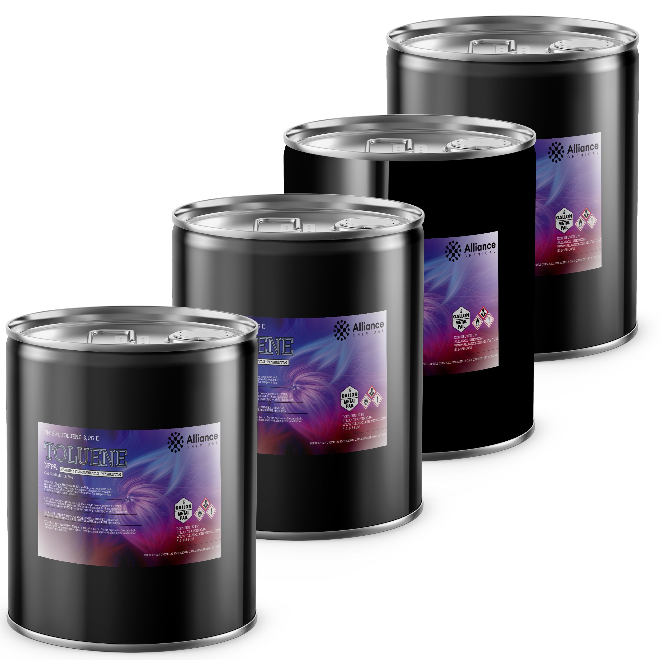 20-gallon bulk pack of industrial-grade toluene solvent in four 5-gallon steel pails, displaying Alliance Chemical labels with flammable/hazardous material warnings.