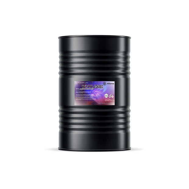 55-gallon black steel drum of industrial toluene solvent with Alliance Chemical label, and corrosion-resistant finish