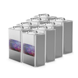 Nine 1-quart steel cans of Alliance Chemical Toluene with labels and metal handles.