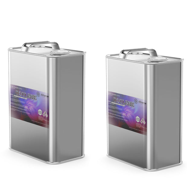 20-quart industrial toluene solvent in twin sealed metal containers, Alliance Chemical brand, purple warning label