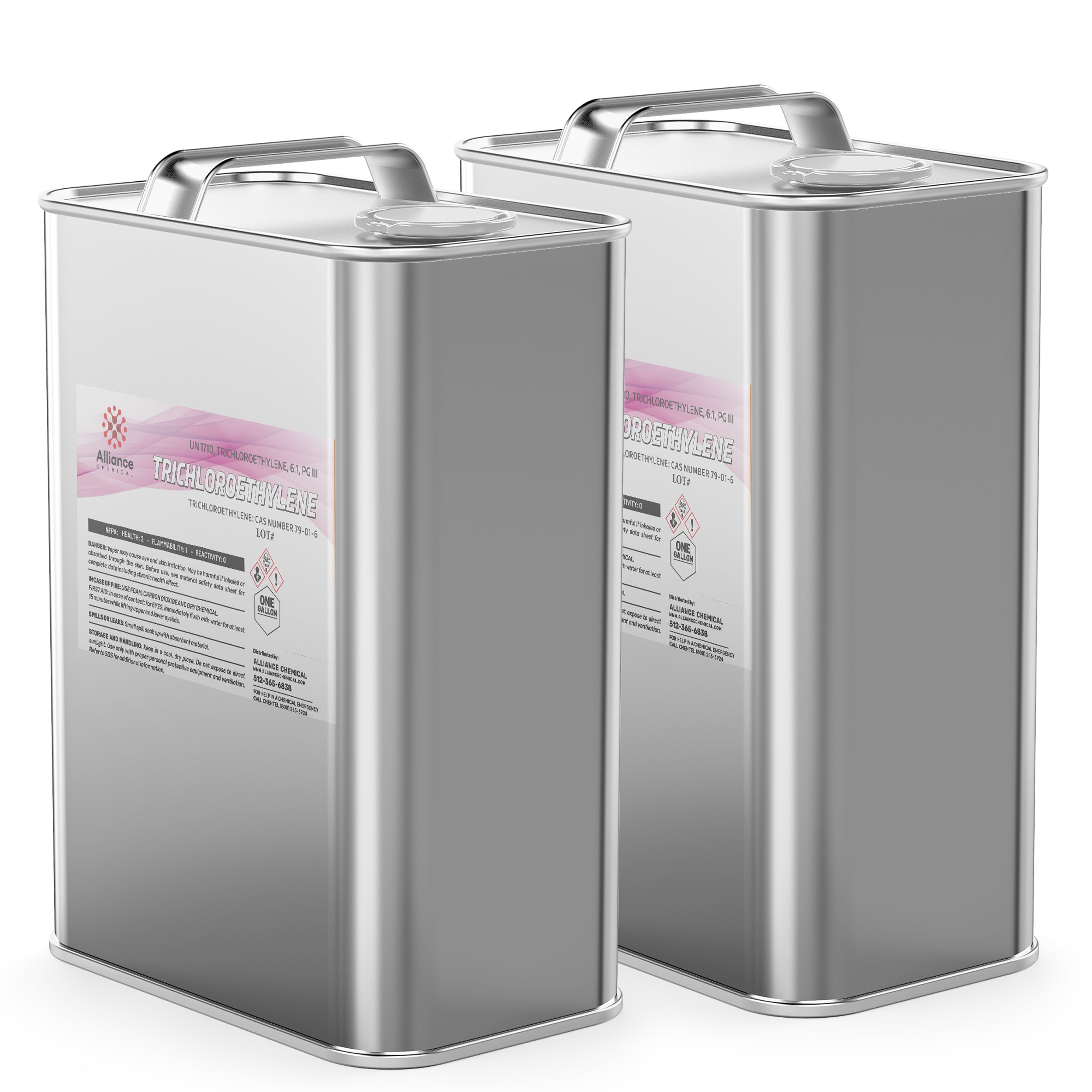 2-gallon stainless steel canisters of technical-grade Trichloroethylene (TCE) with UN hazard symbols, Alliance Chemical branding, and secure handle grips.