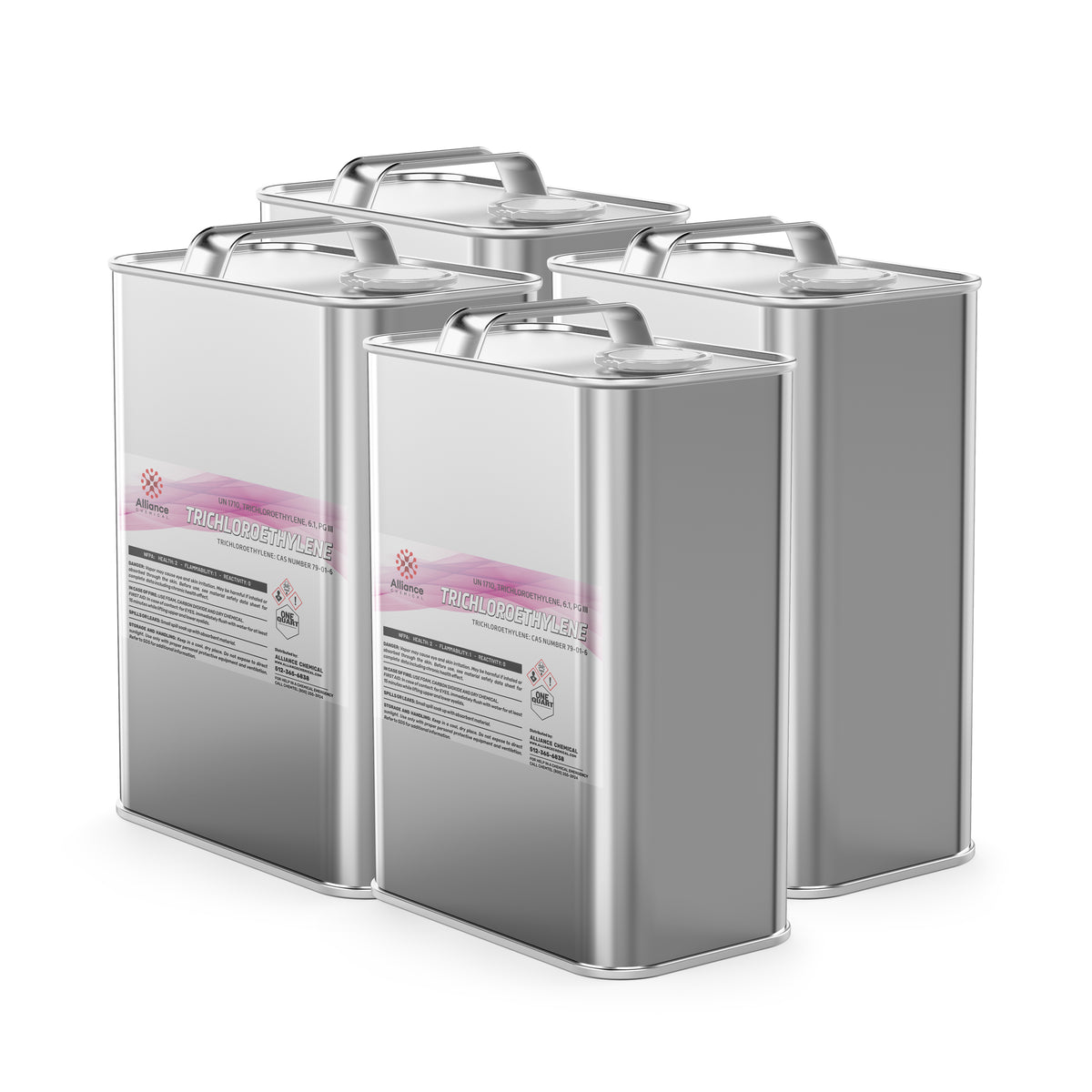 Four steel pails of Alliance Chemical Trichloroethylene (TCE) Technical Grade with metal handles and labels.
