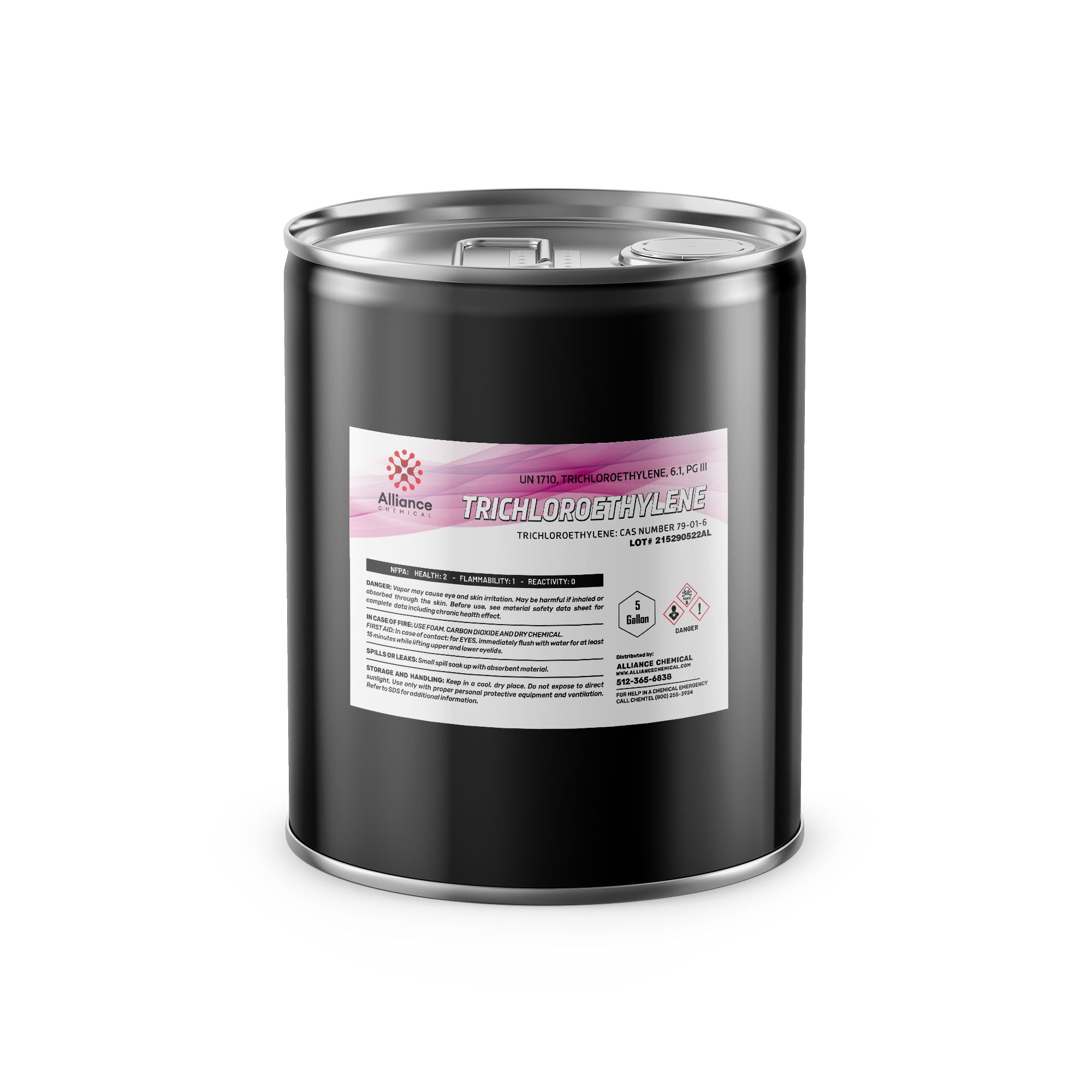 5-gallon black steel drum of Trichloroethylene (TCE), technical grade, with Alliance Chemical label, UN1710 classification, and NFPA health/flammability warnings.