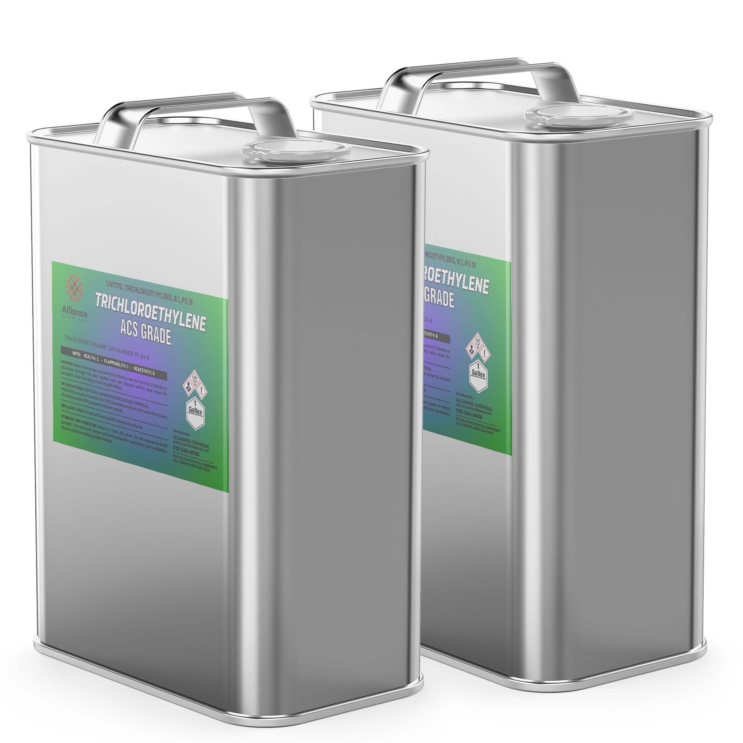 2-gallon stainless steel canisters of ACS-grade Trichloroethylene (TCE) solvent with hazard warning labels, featuring corrosive and toxic symbols.