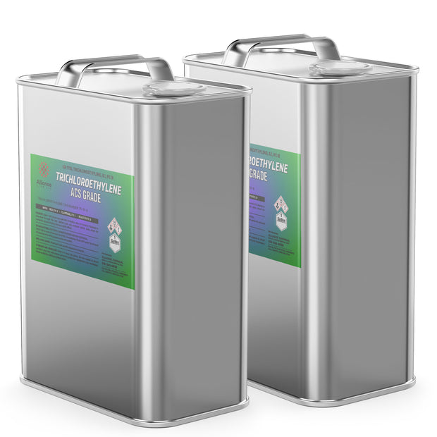 Two 1-gallon steel pails of Alliance Chemical Trichloroethylene ACS Grade with metal handles and labeled sides.