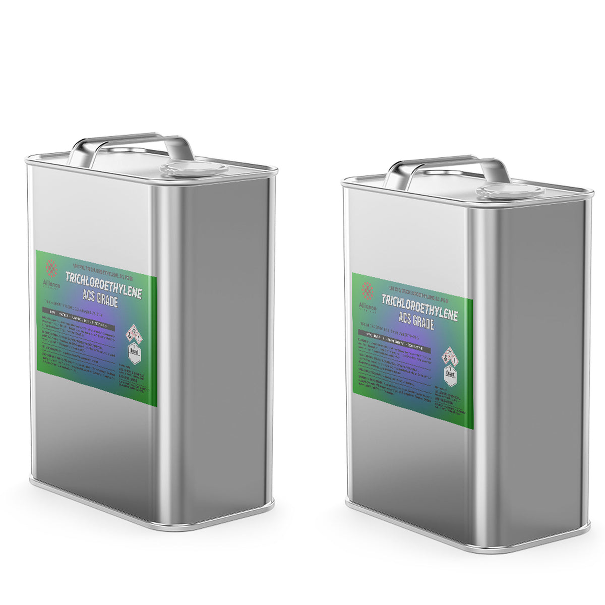 Two 1-quart steel jugs of Alliance Chemical Trichloroethylene ACS Grade with metal handles and product labels.