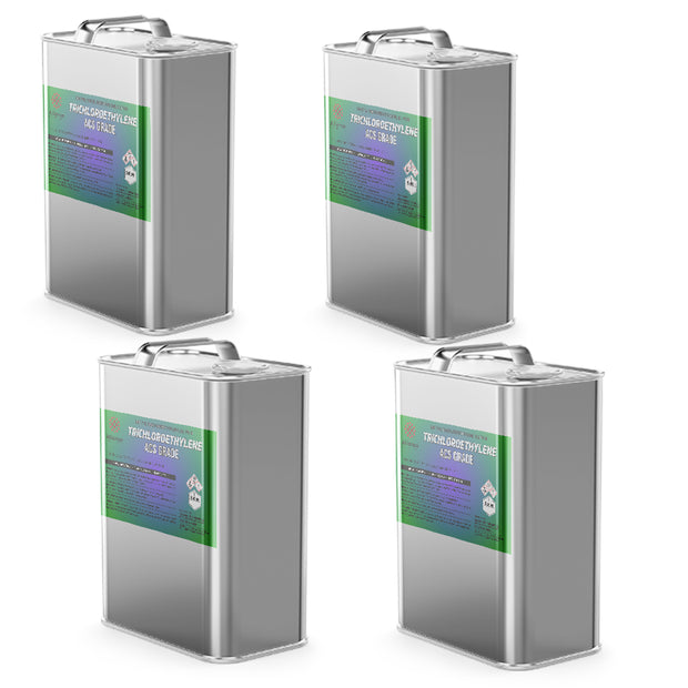 Four steel 1-gallon jugs of Alliance Chemical Trichloroethylene ACS Grade with metal handles and product labels